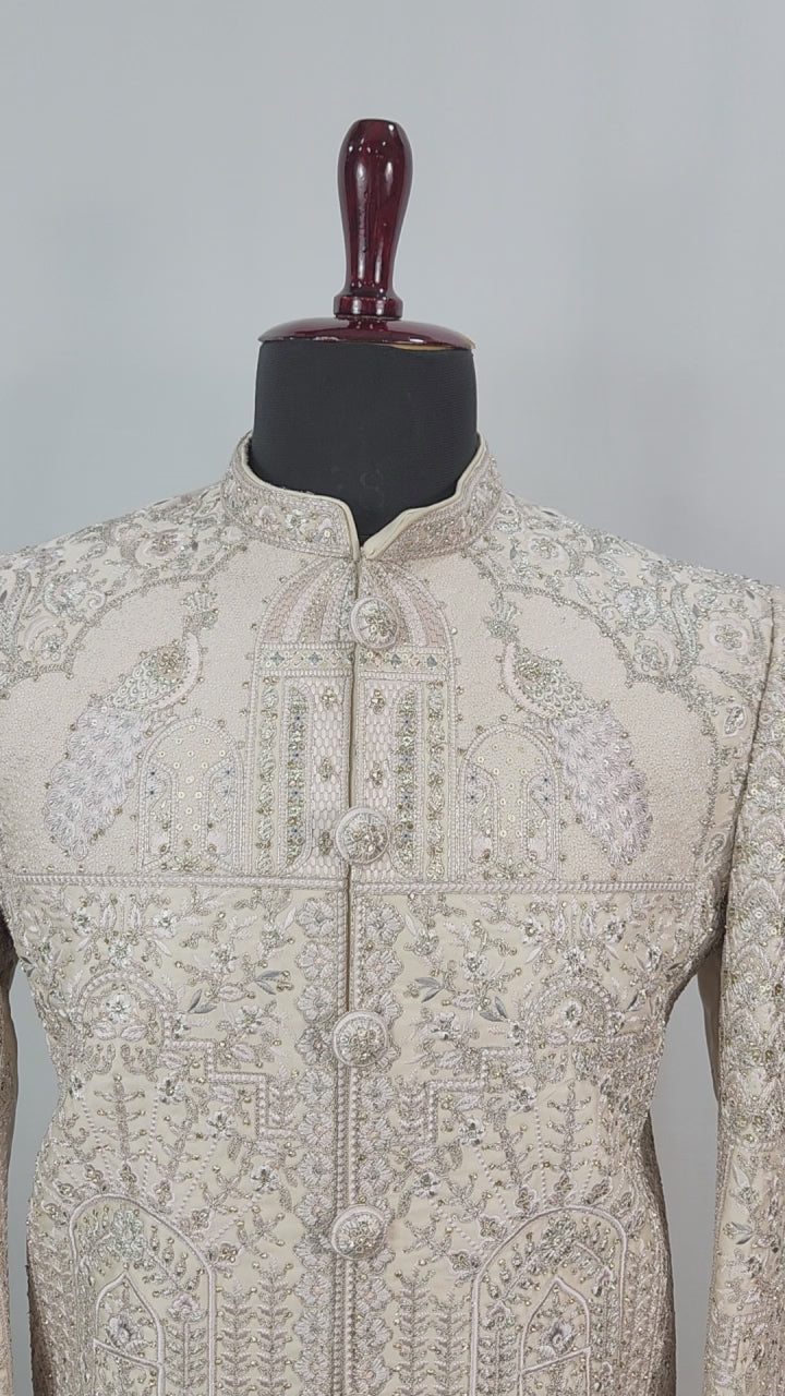 Rose Gold Wedding Groom Sherwani - Peacock Elephant Design | Sherwani For Men