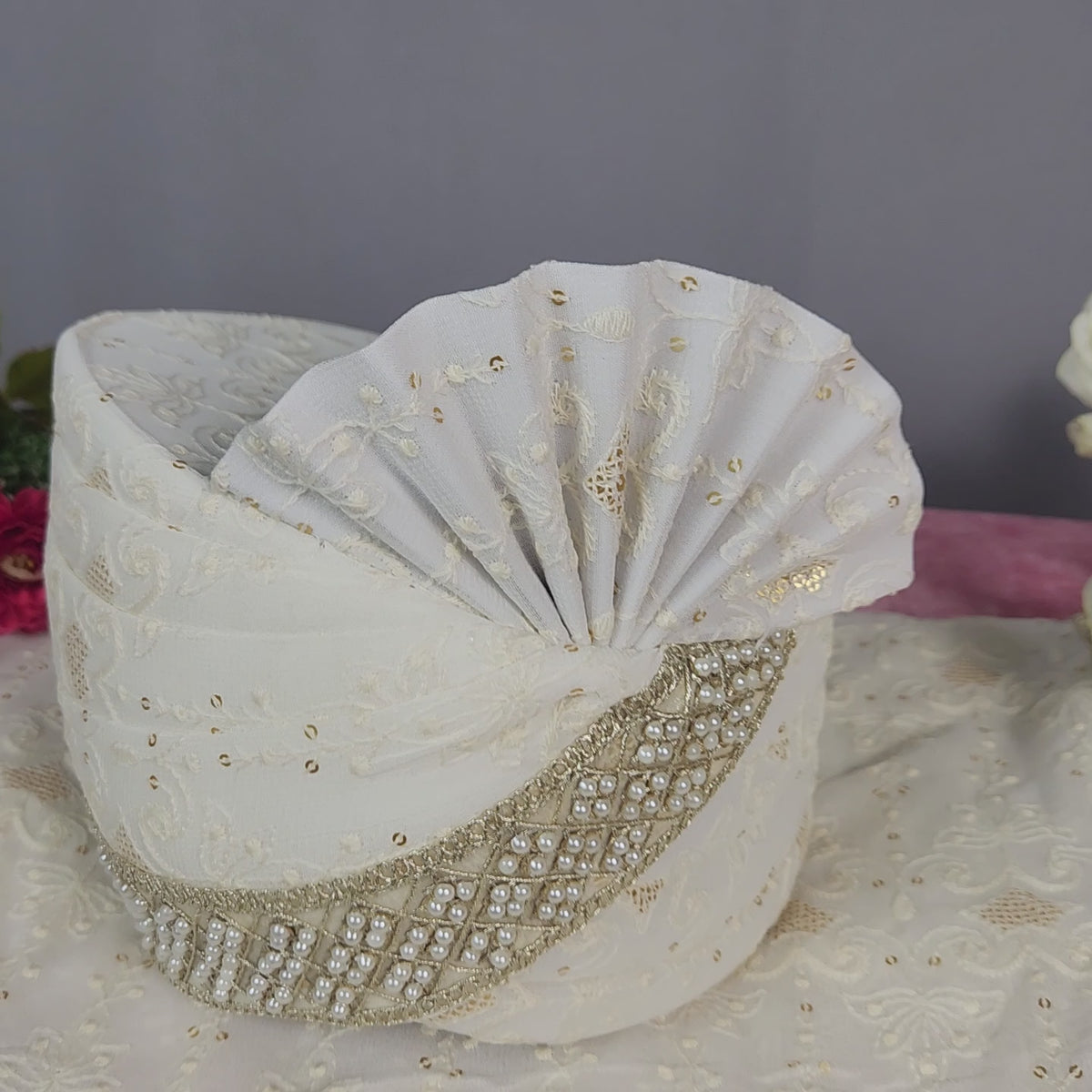 White Groom Turban Shawl With Pearl Work | Dupatta Safa Set For Men