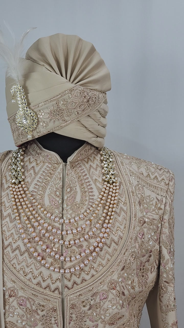 Champagne Golden Wedding Groom Sherwani - Layered Embroidery Design  | Sherwani For Men