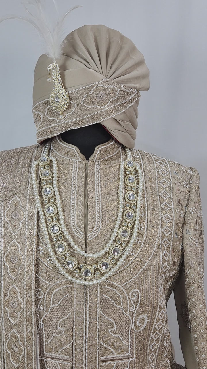 Golden Brown Groom Sherwani - Beads Studded Layered Style | Sherwani For Men