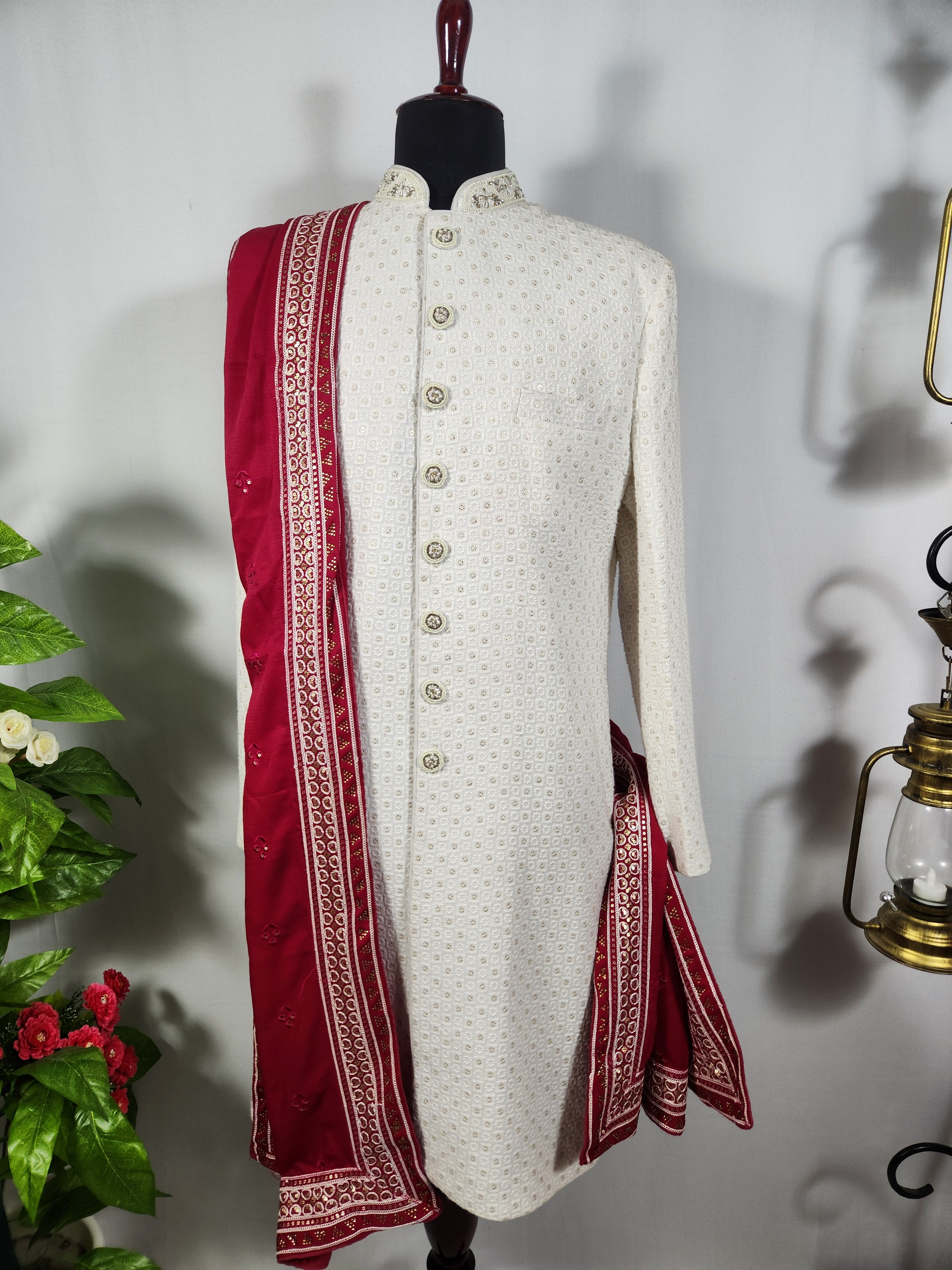 Red Groom Shawl - Golden Embroidery | Stole For Men