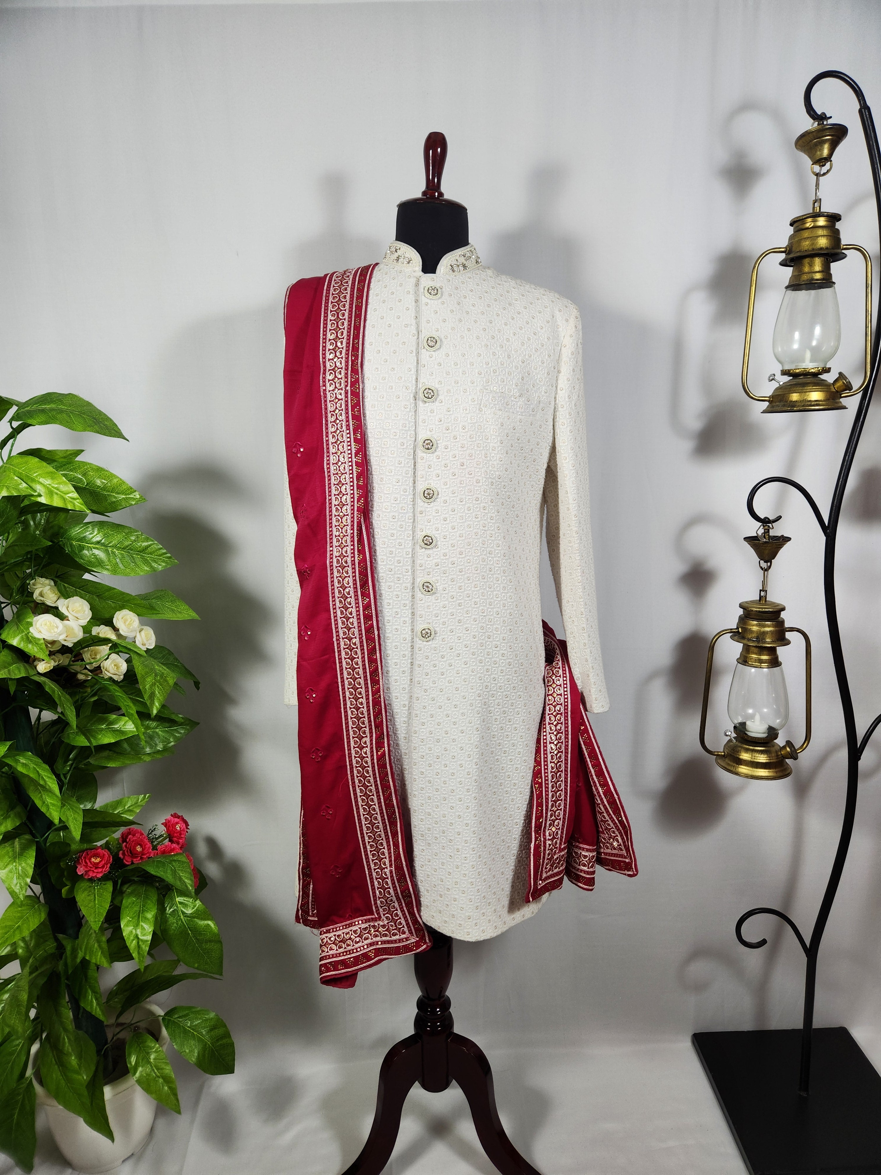 Red Groom Shawl - Golden Embroidery | Stole For Men