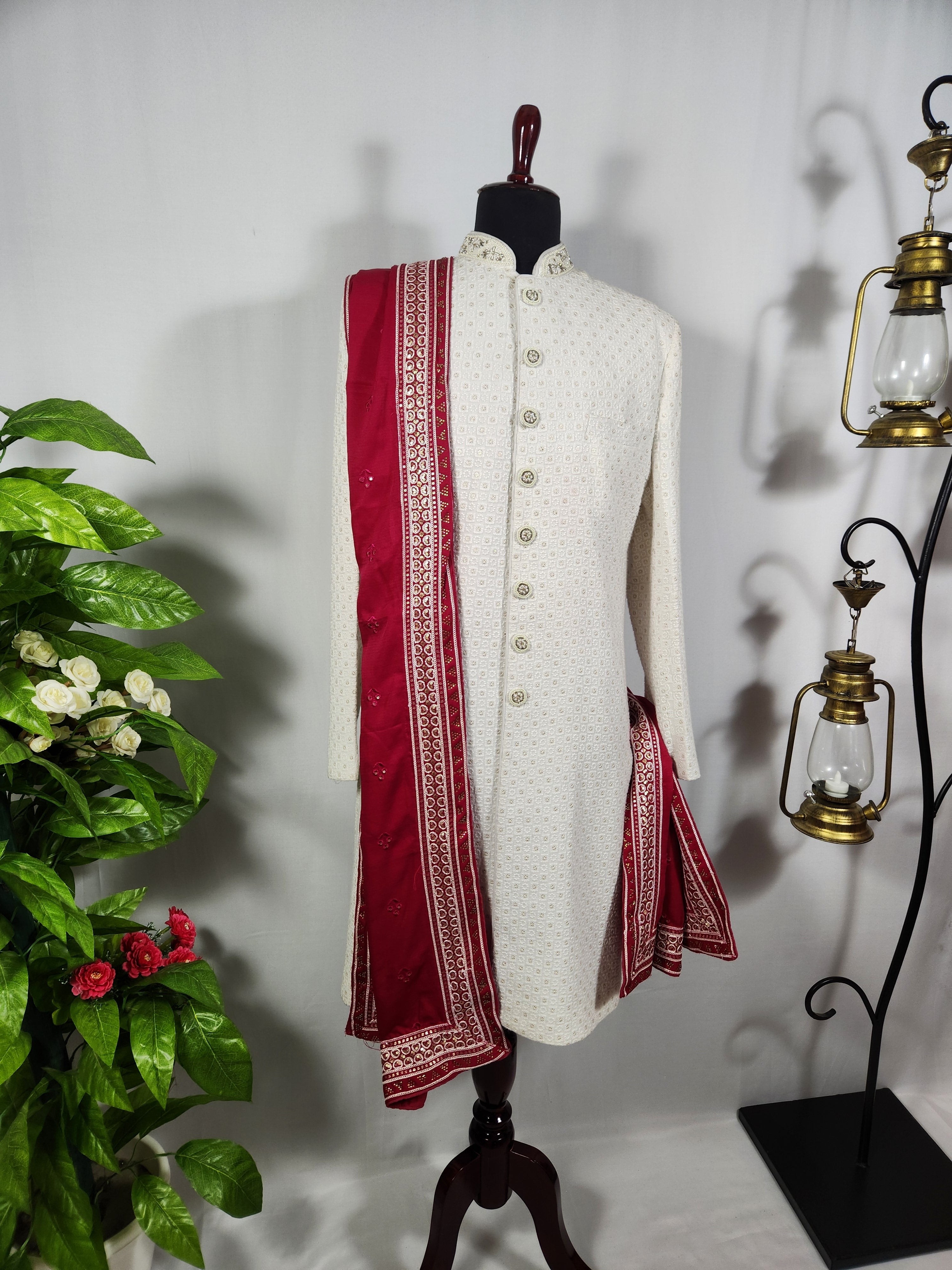 Red Groom Shawl - Golden Embroidery | Stole For Men