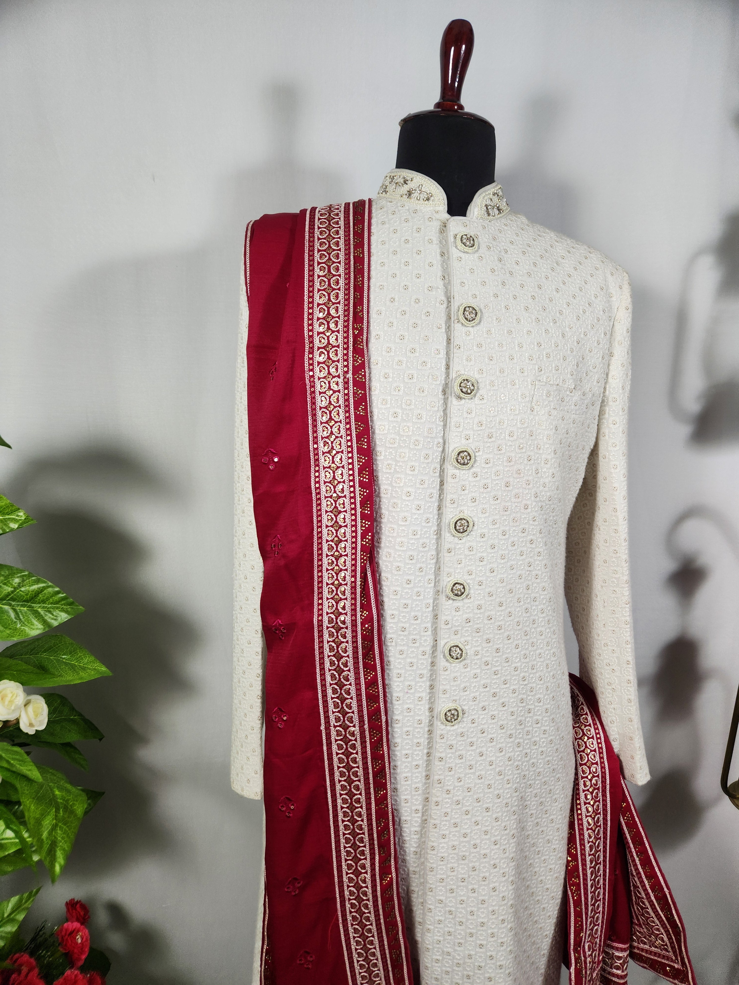 Red Groom Shawl - Golden Embroidery | Stole For Men