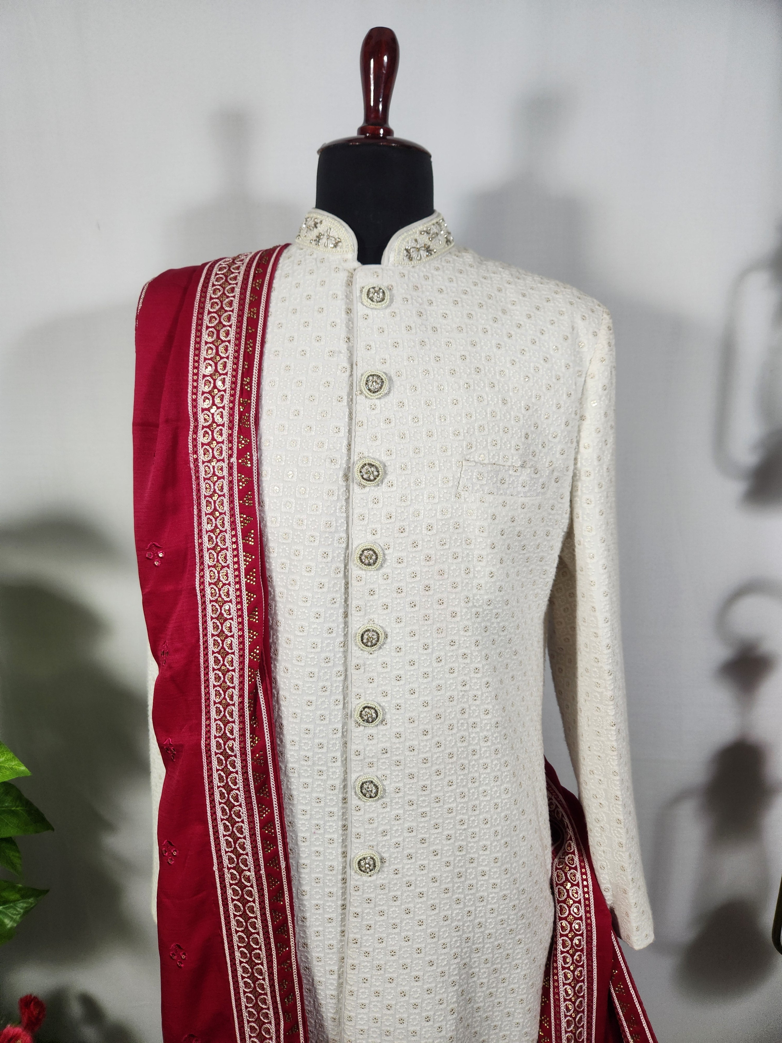 Red Groom Shawl - Golden Embroidery | Stole For Men