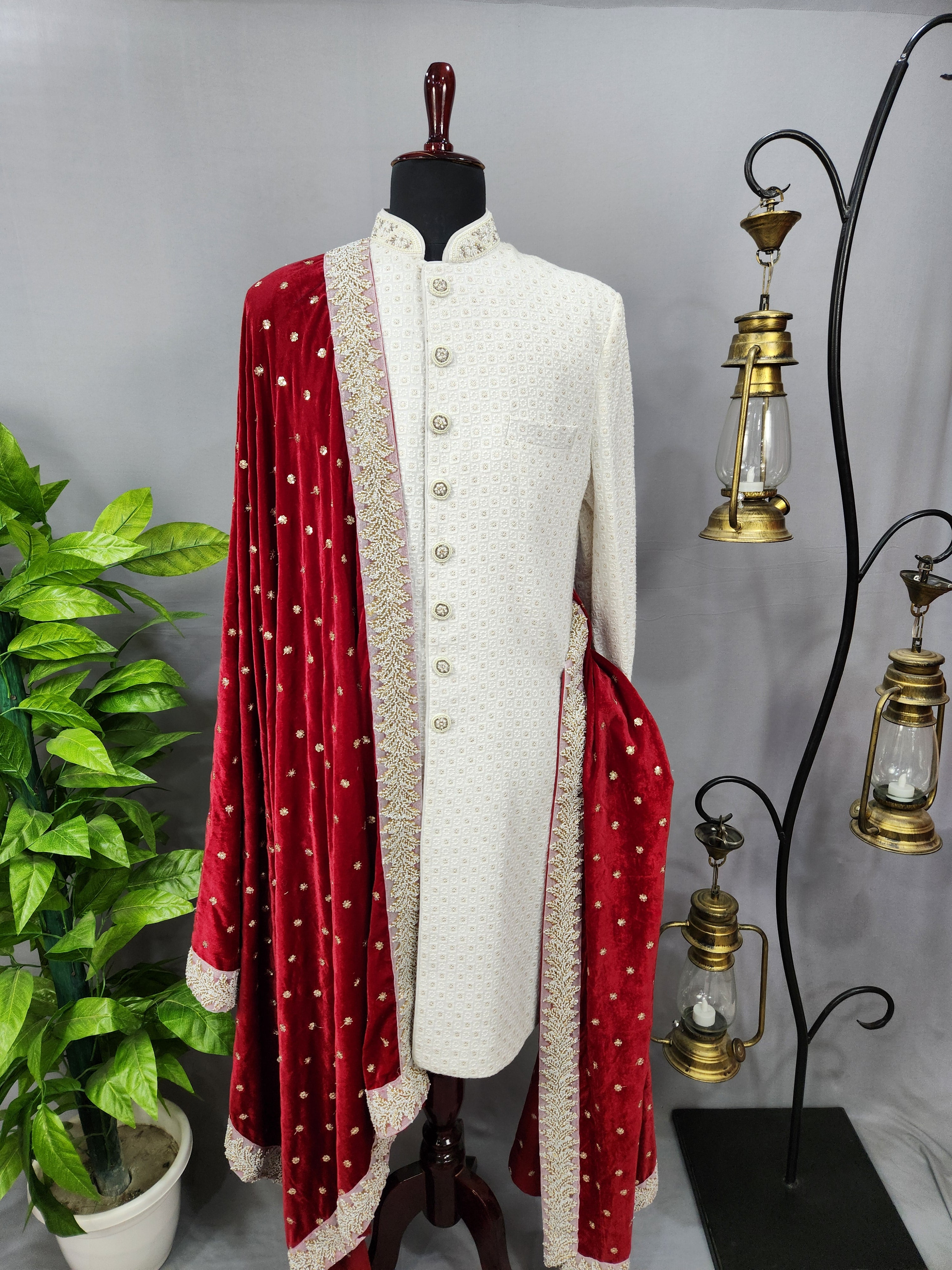Red Groom Shawl - Golden Embroidery | Stole For Men