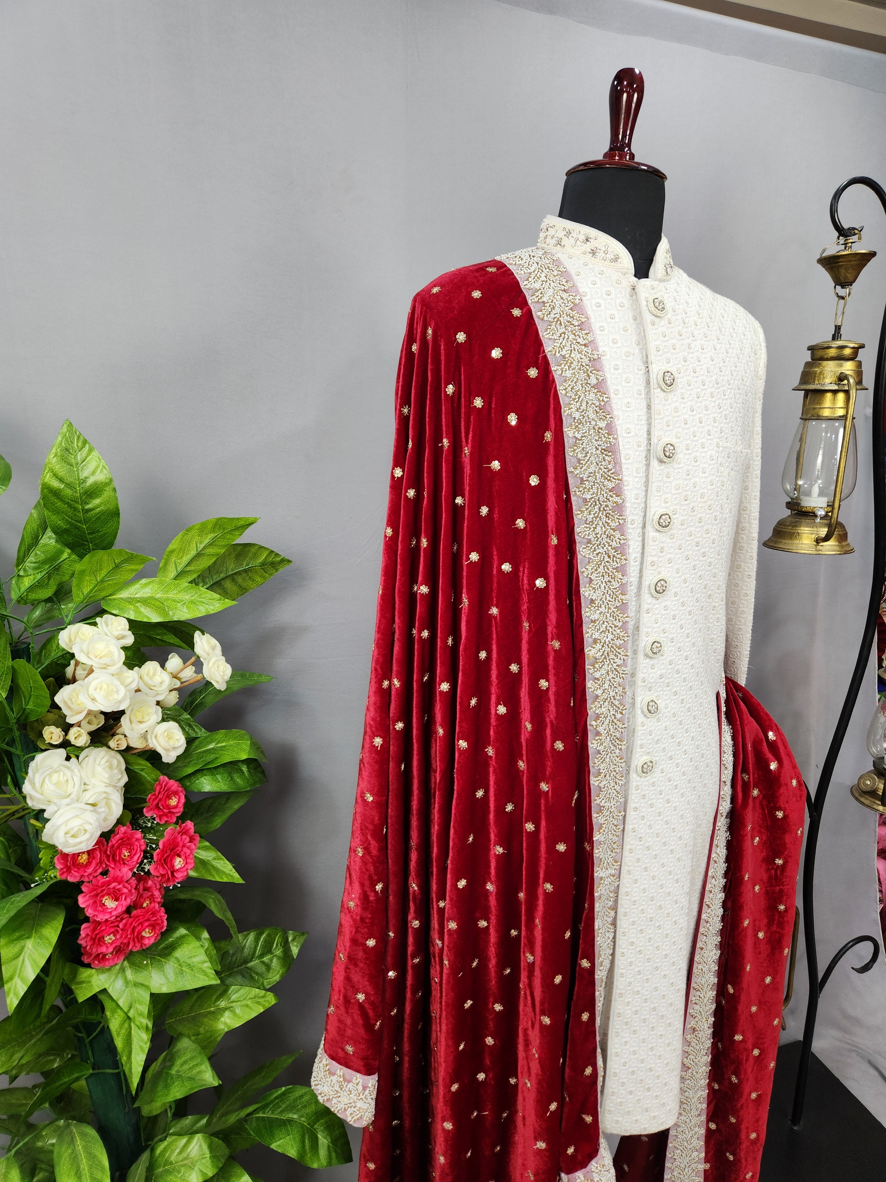 Red Groom Shawl - Golden Embroidery | Stole For Men
