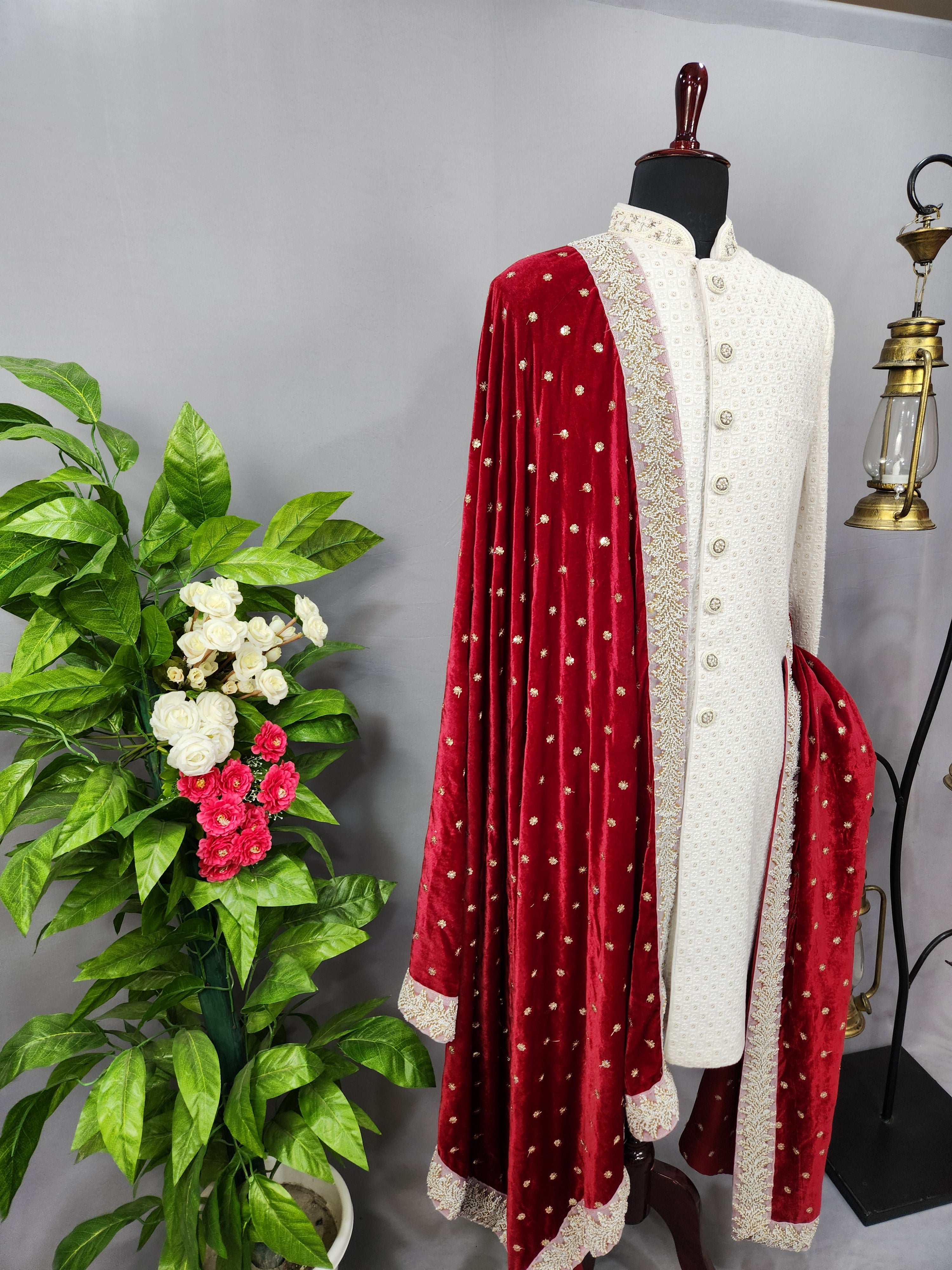 Red Groom Shawl - Golden Embroidery | Stole For Men