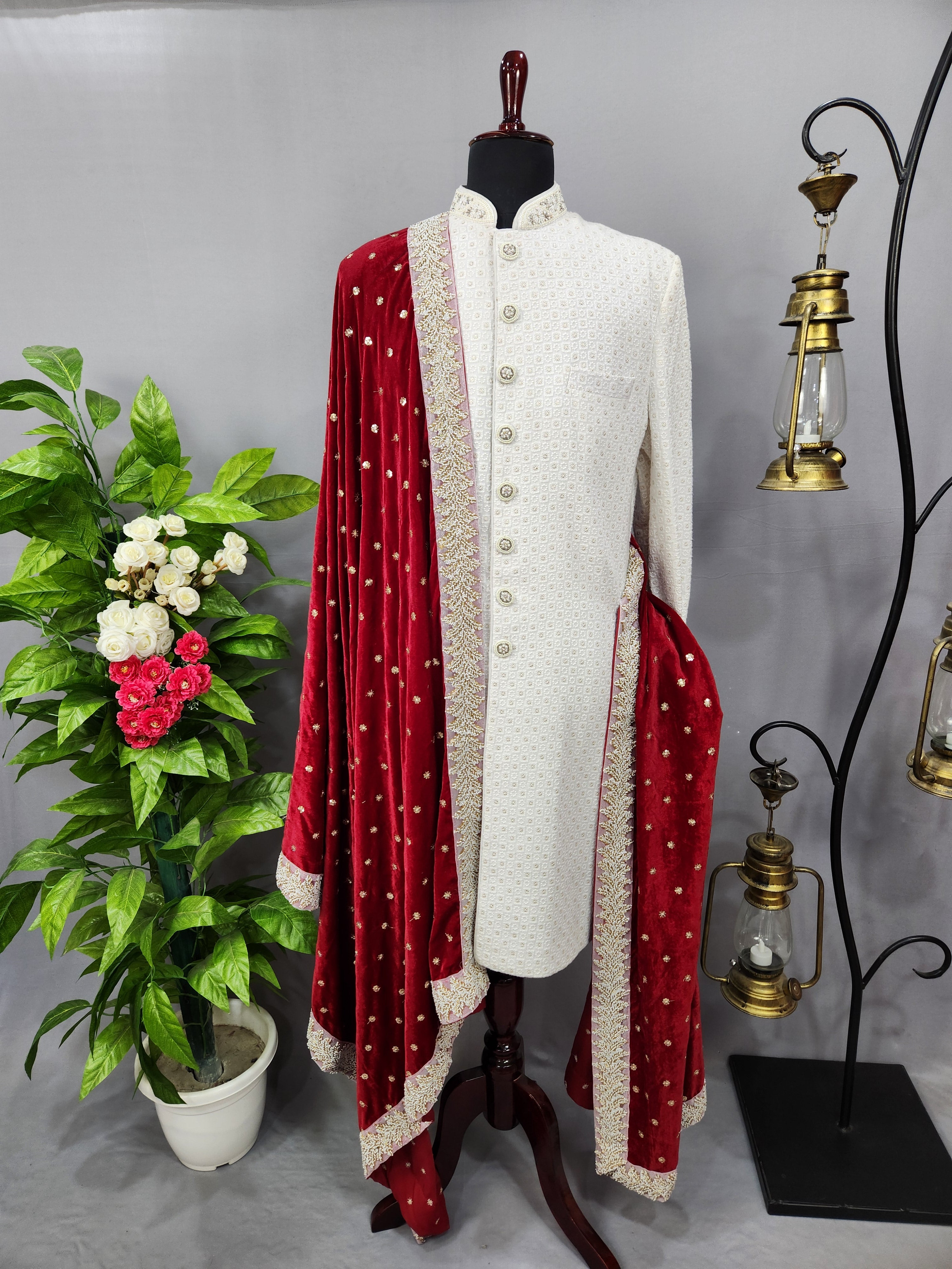 Red Groom Shawl - Golden Embroidery | Stole For Men
