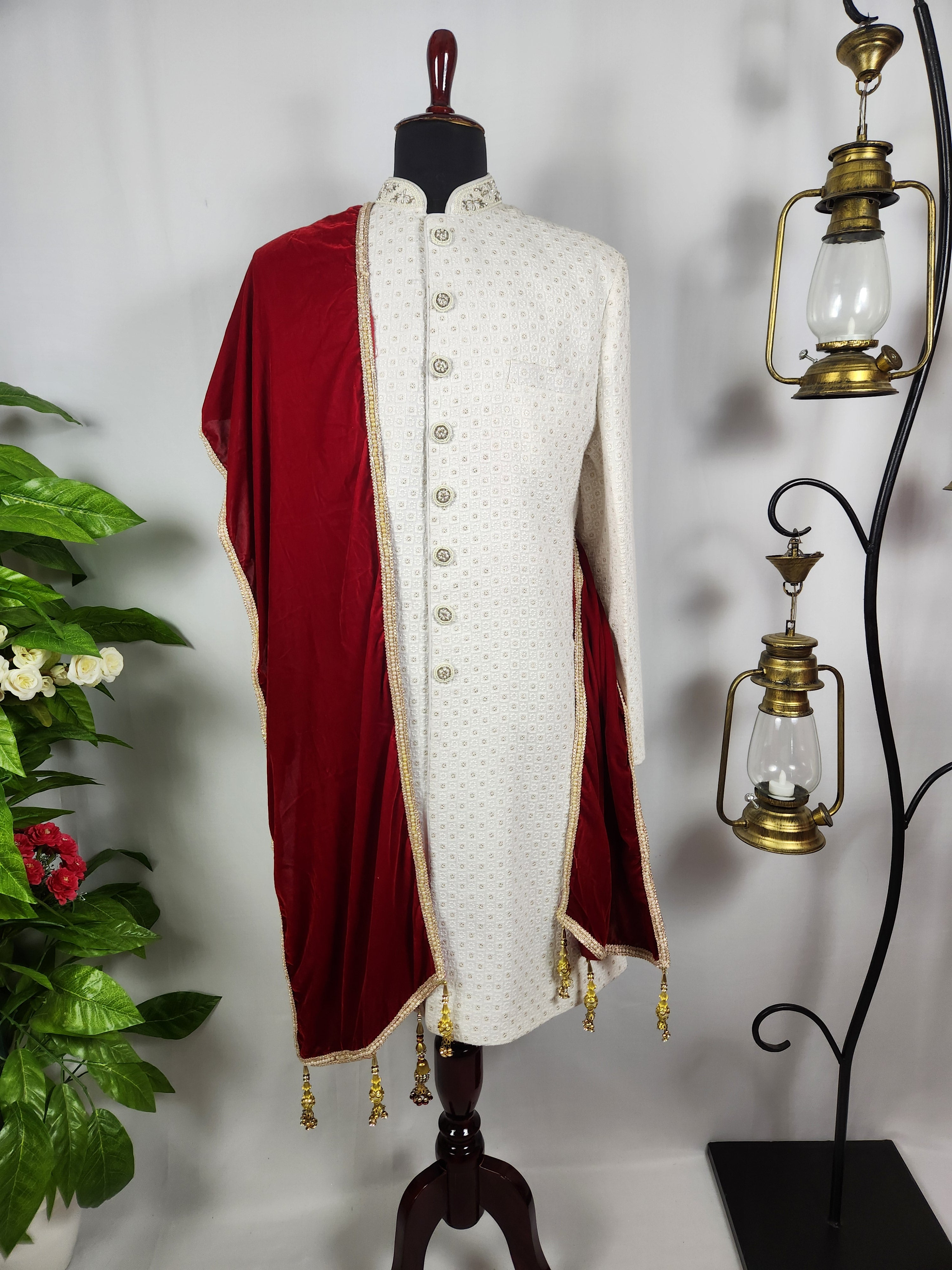 Red Groom Shawl - Golden Border | Stole For Men