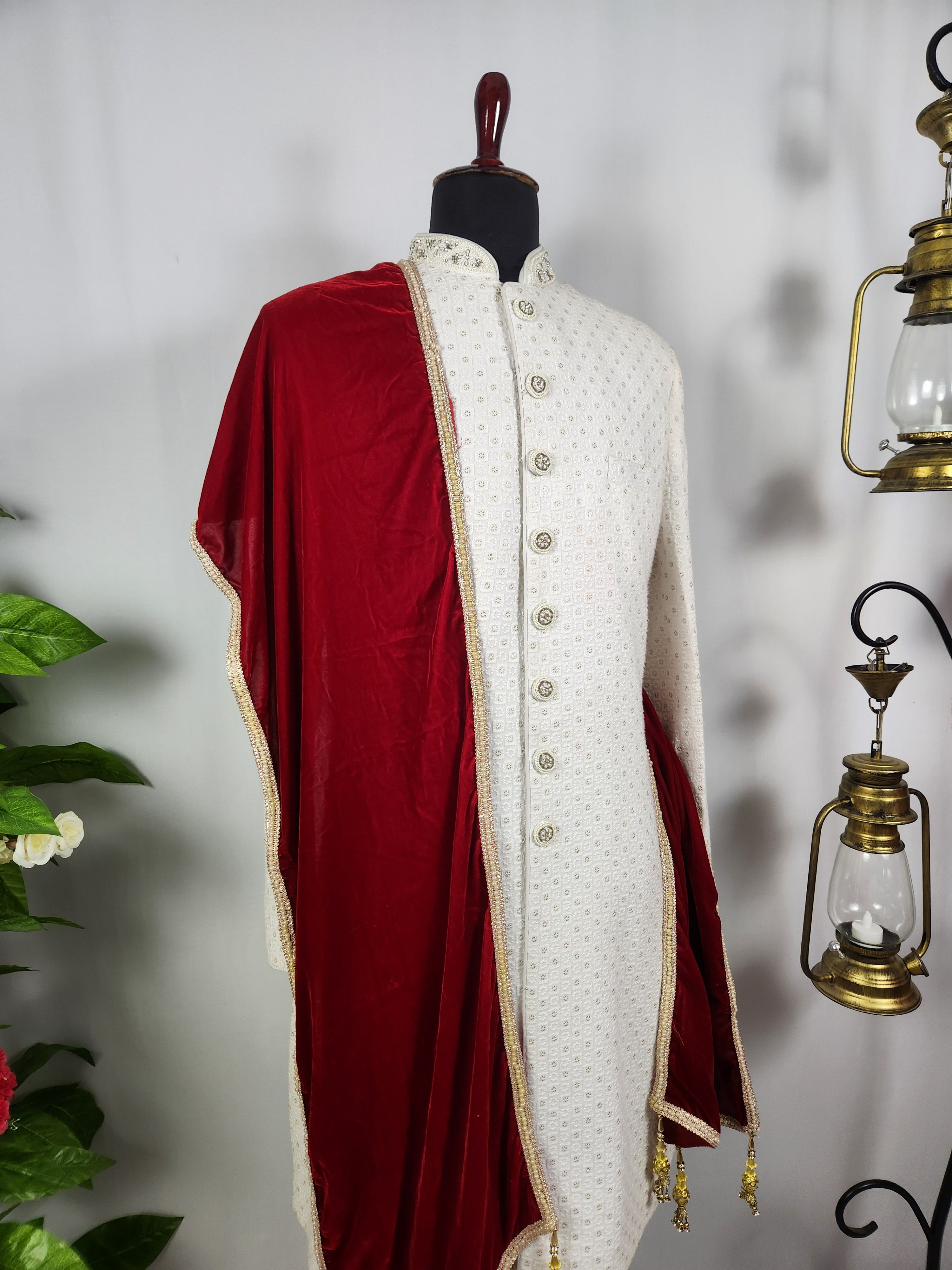 Red Groom Shawl - Golden Border | Stole For Men