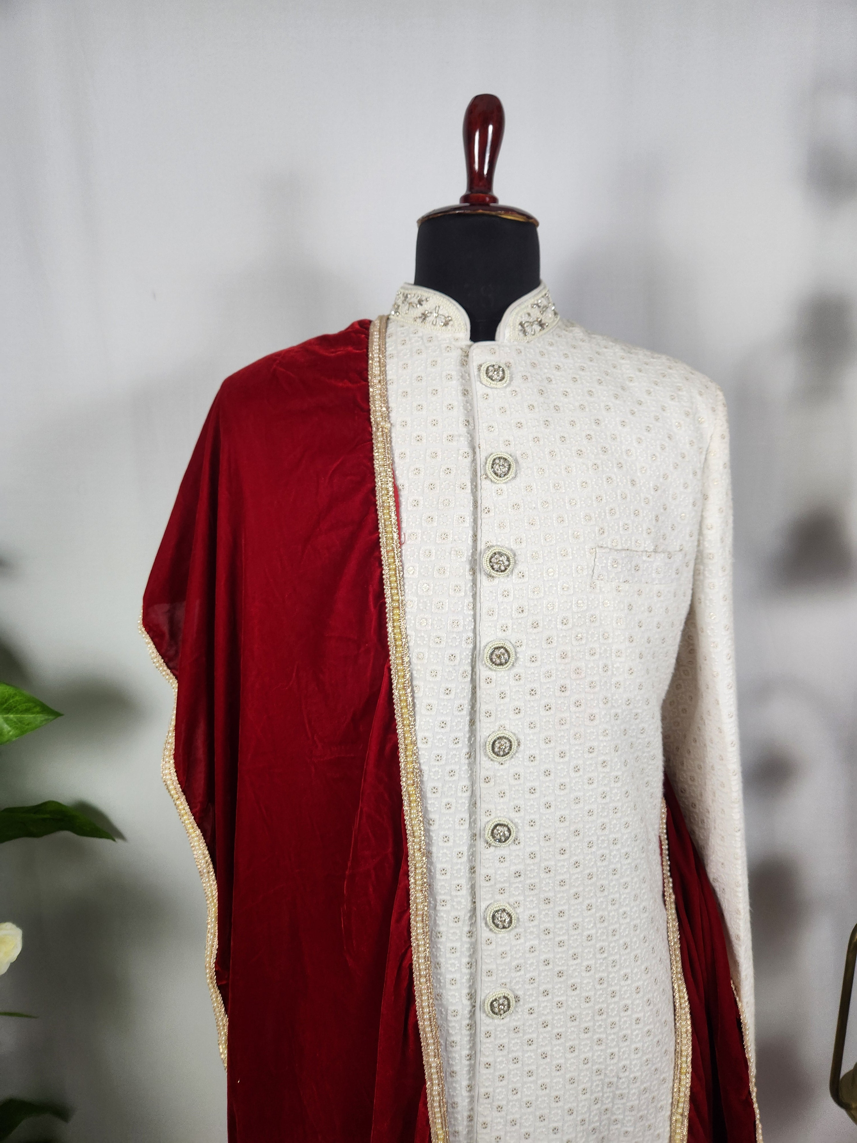 Red Groom Shawl - Golden Border | Stole For Men