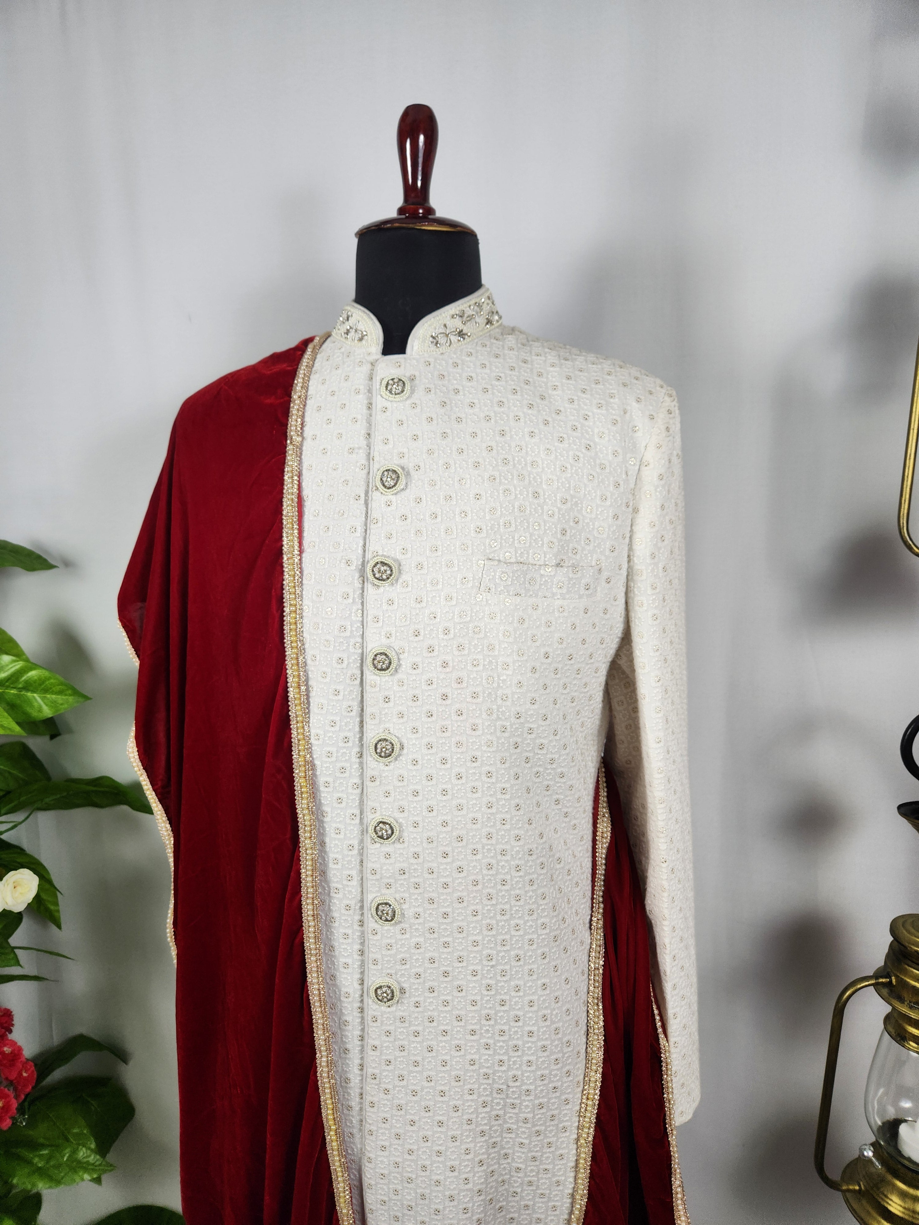 Red Groom Shawl - Golden Border | Stole For Men