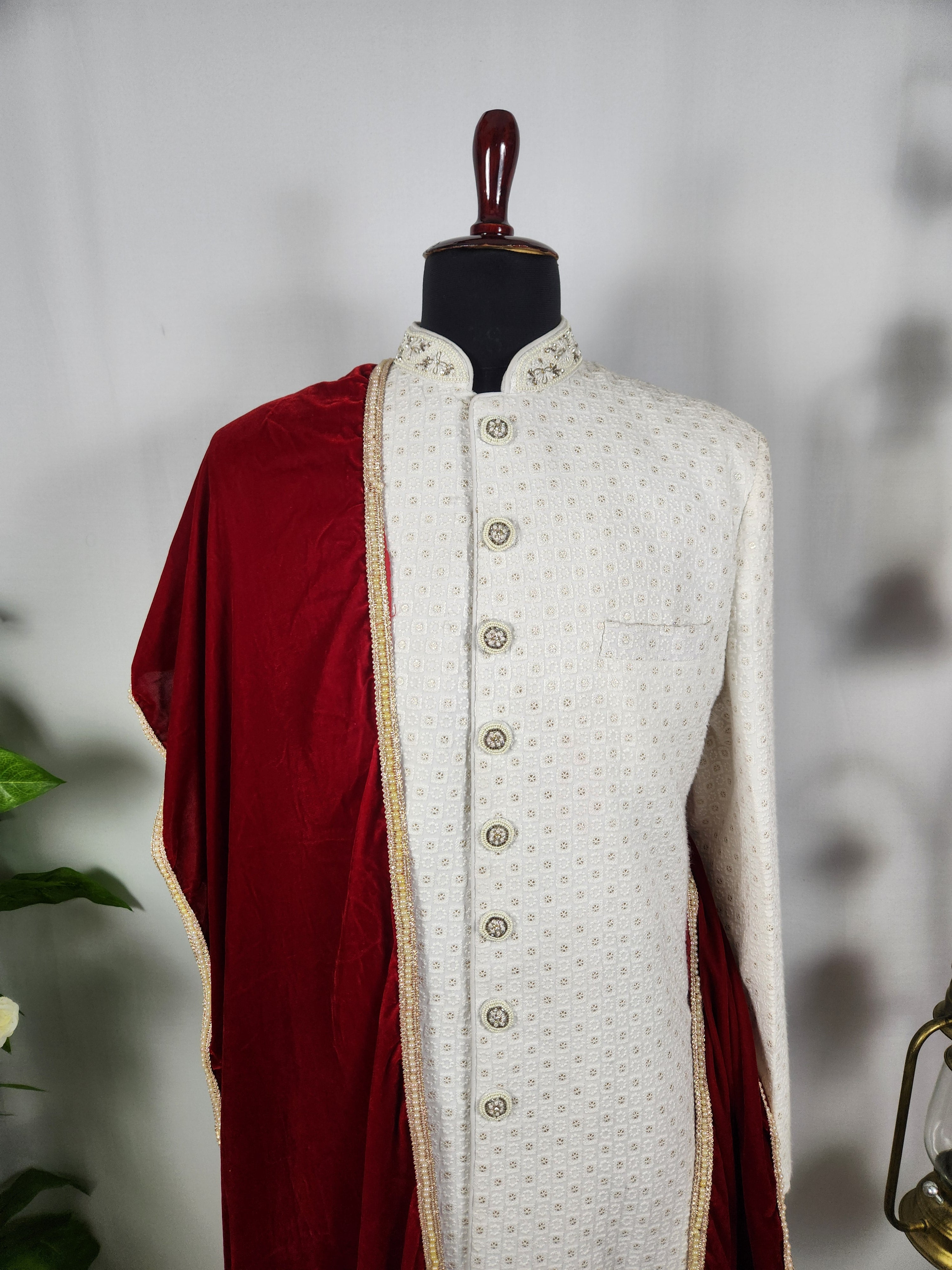 Red Groom Shawl - Golden Border | Stole For Men