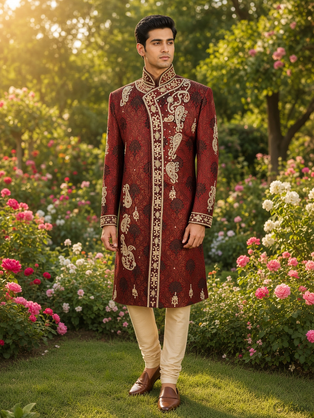 Red Sherwani Groom Wedding - Angarkha Style and Zardozi Work | Sherwani For Men