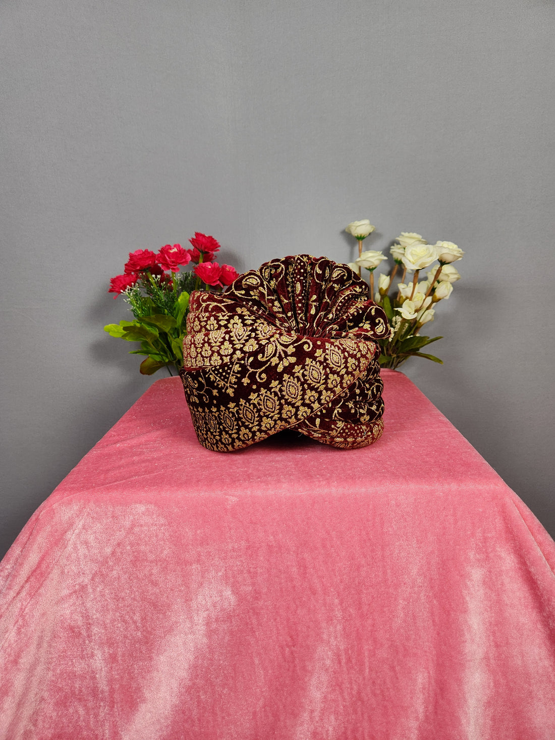 Red Groom Turban With Gold Print 