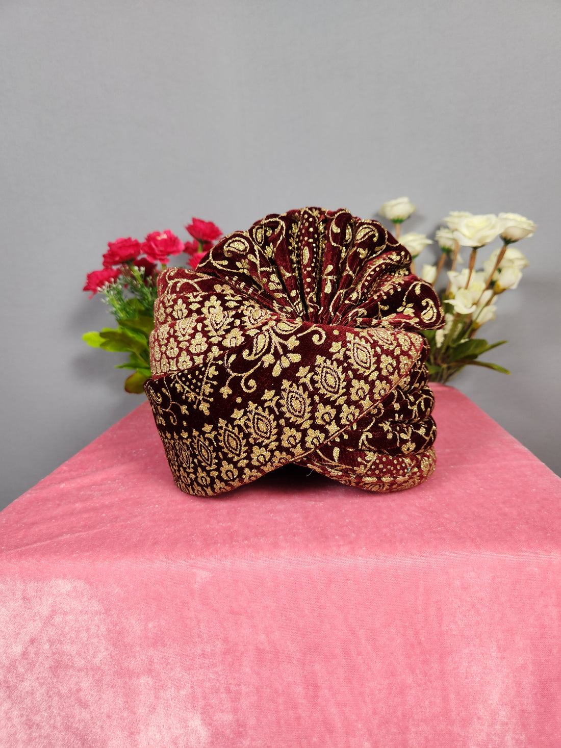 Red Groom Turban With Gold Print 