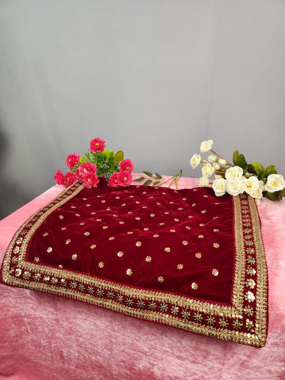 Red Groom Shawl - Golden Sequin Red Stole