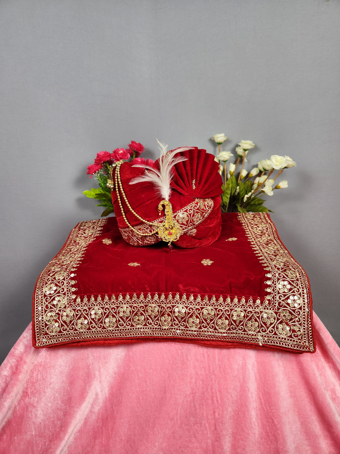 Red Groom Turban Shawl Set