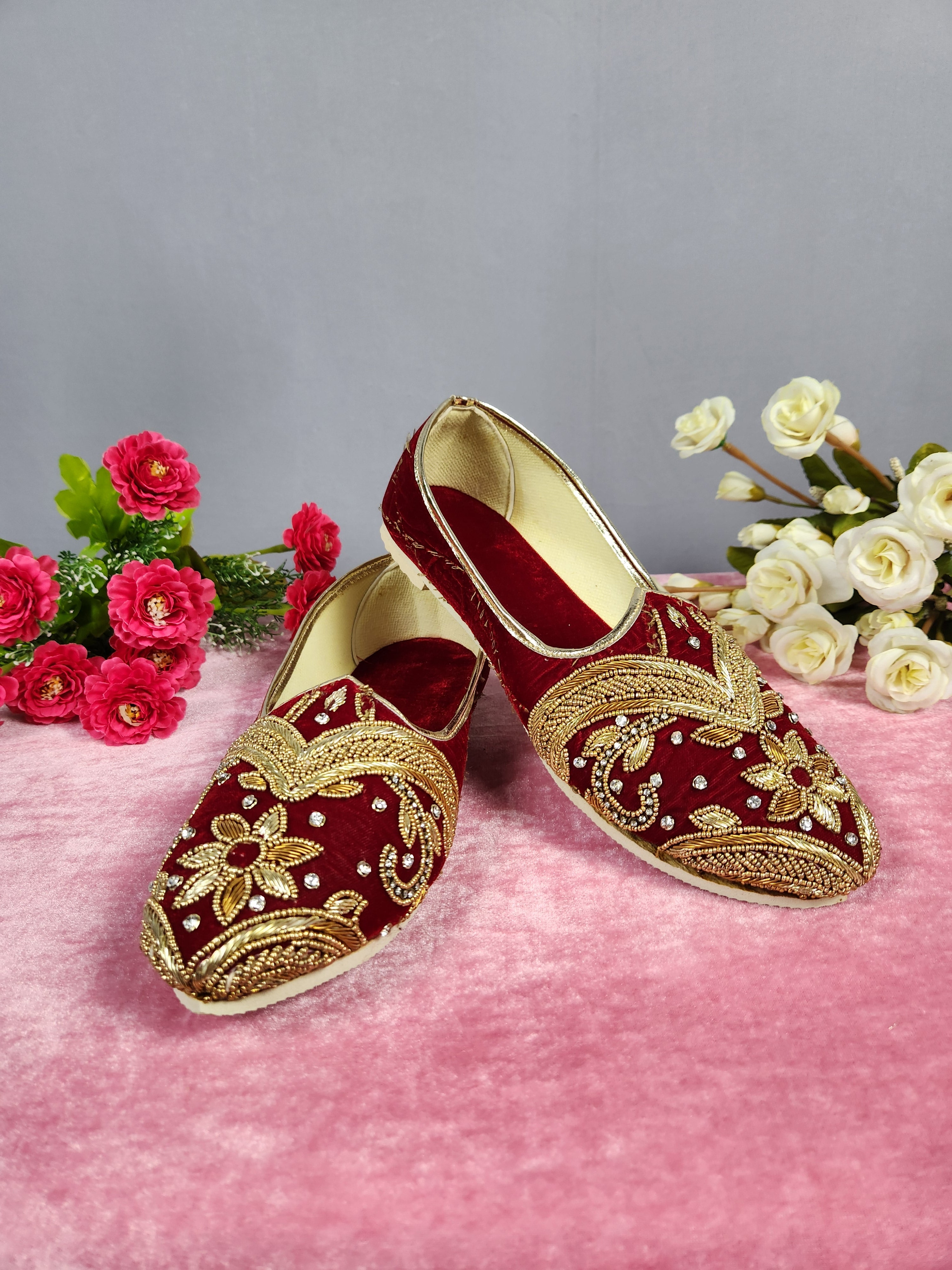 Red Velvet Ethnic Shoes for Men – Designer Indian Jutti & Mojari for Wedding
