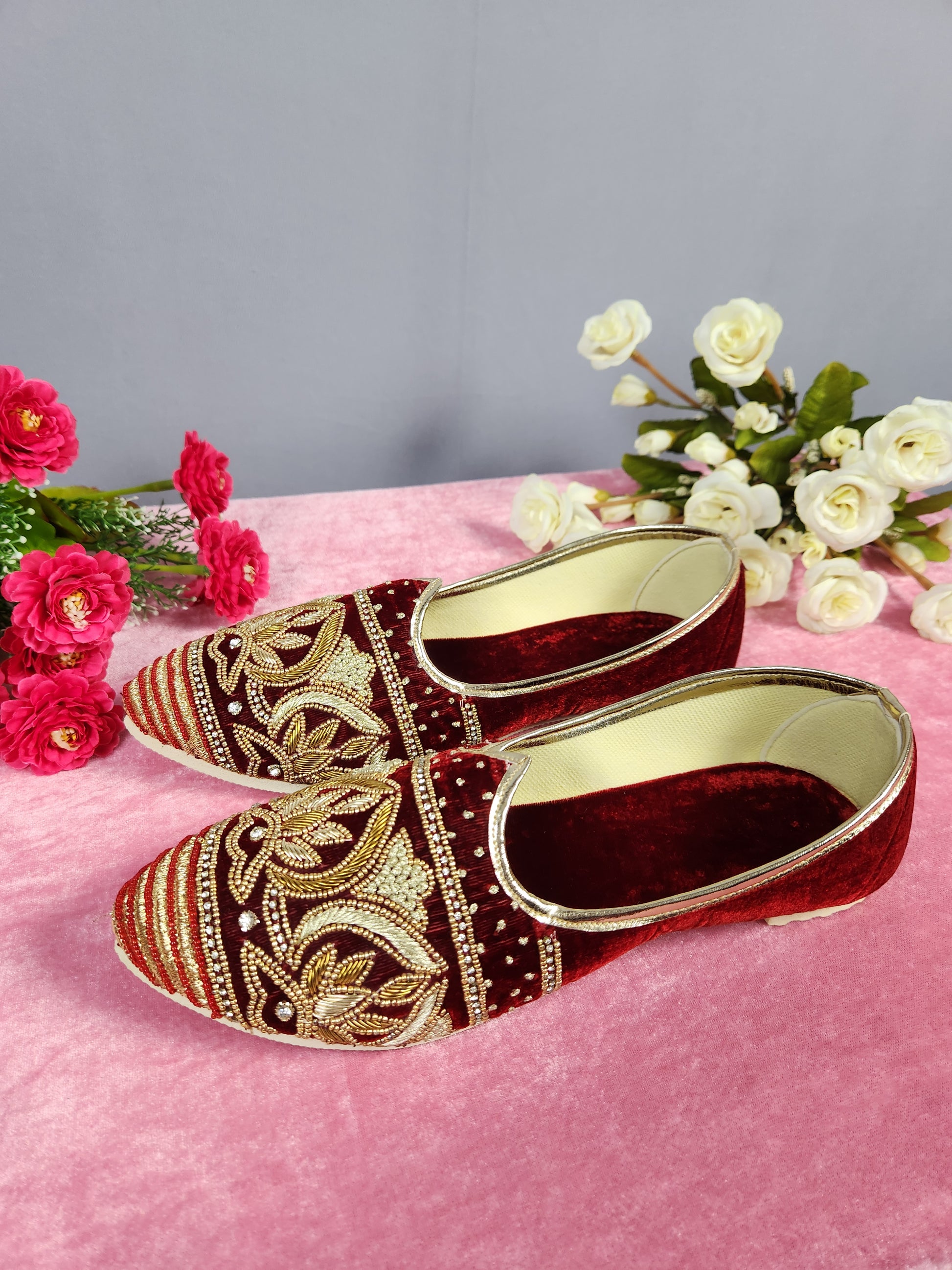 Red Velvet Ethnic Shoes for Men – Designer Indian Jutti & Mojari for Wedding

