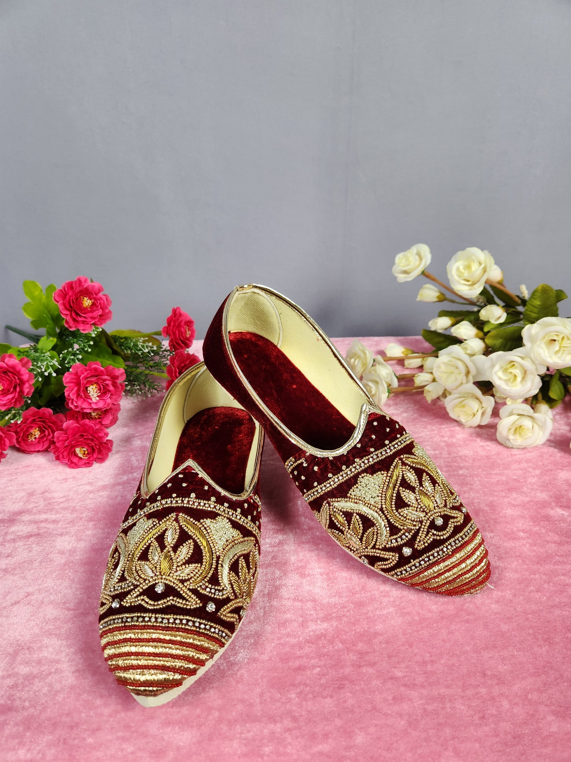 Red Velvet Ethnic Shoes for Men – Designer Indian Jutti & Mojari for Wedding
