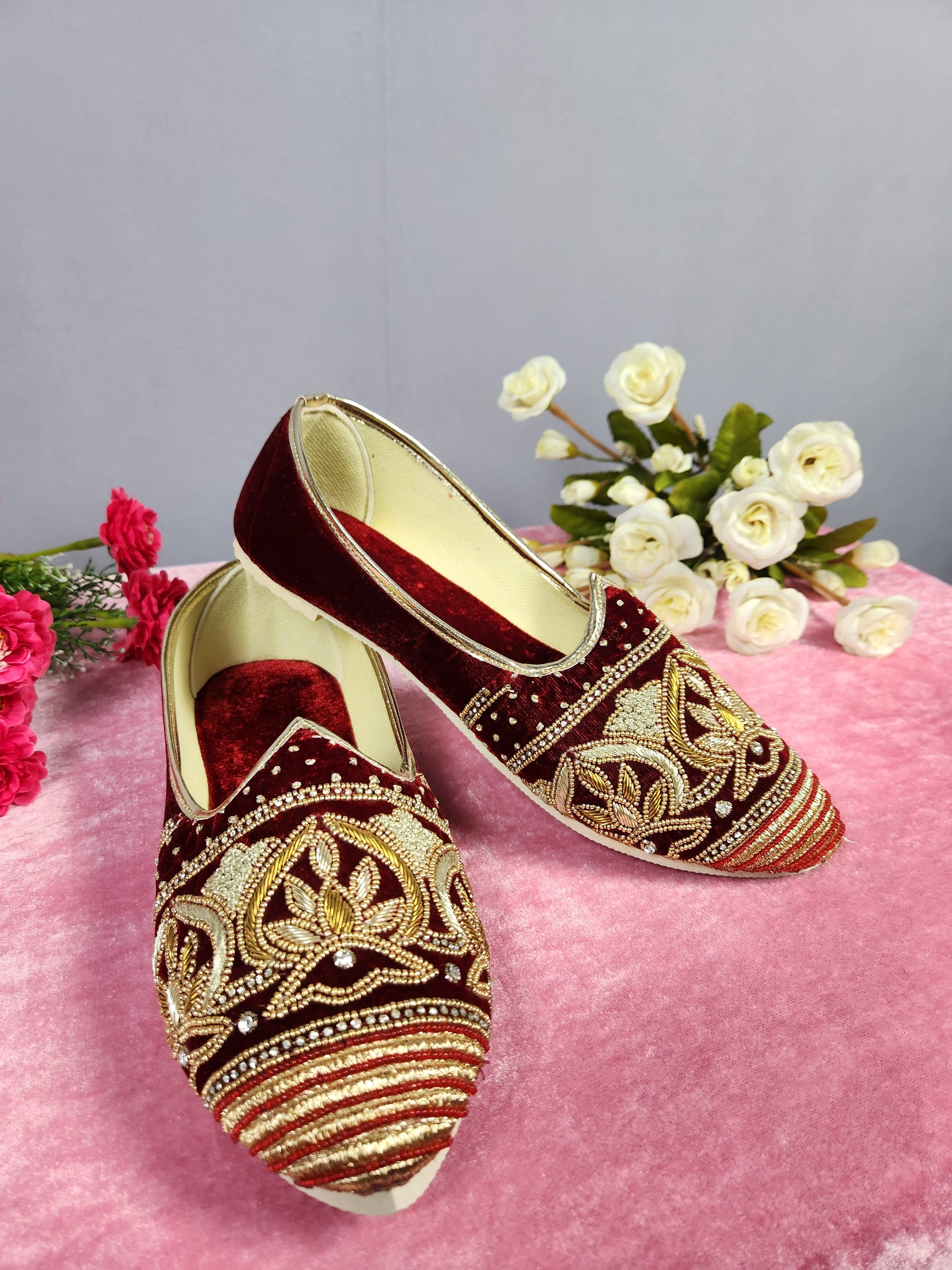 Red Velvet Ethnic Shoes for Men – Designer Indian Jutti & Mojari for Wedding
