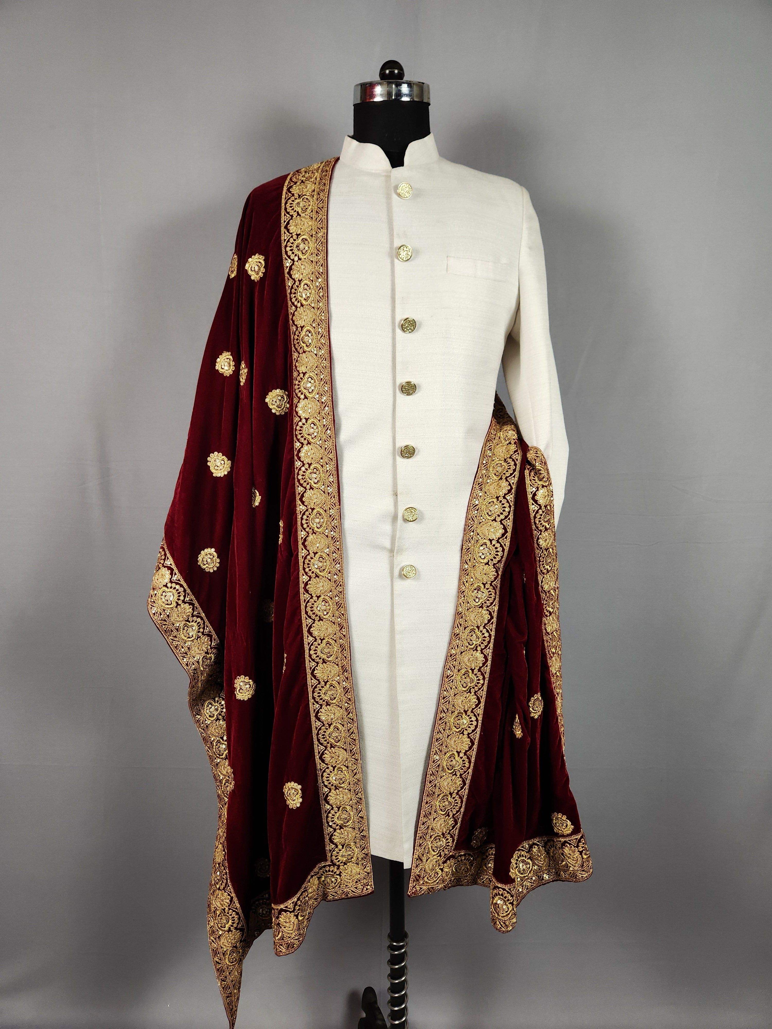 Red Velvet Groom Shawl - Gold Embroidered Wedding Sherwani Stole 