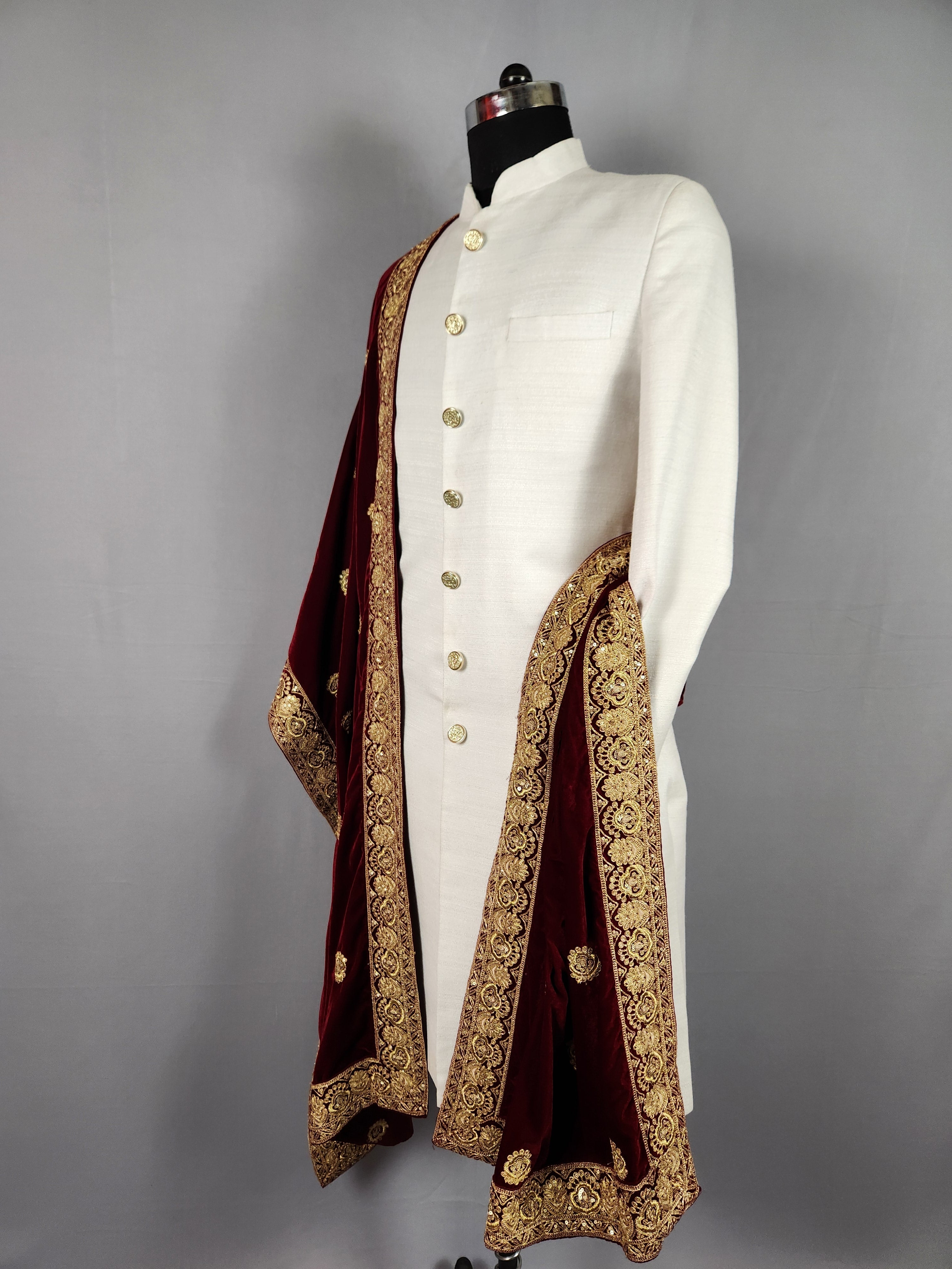 Red Groom Shawl - Embroidered Sherwani Stole with Golden Border