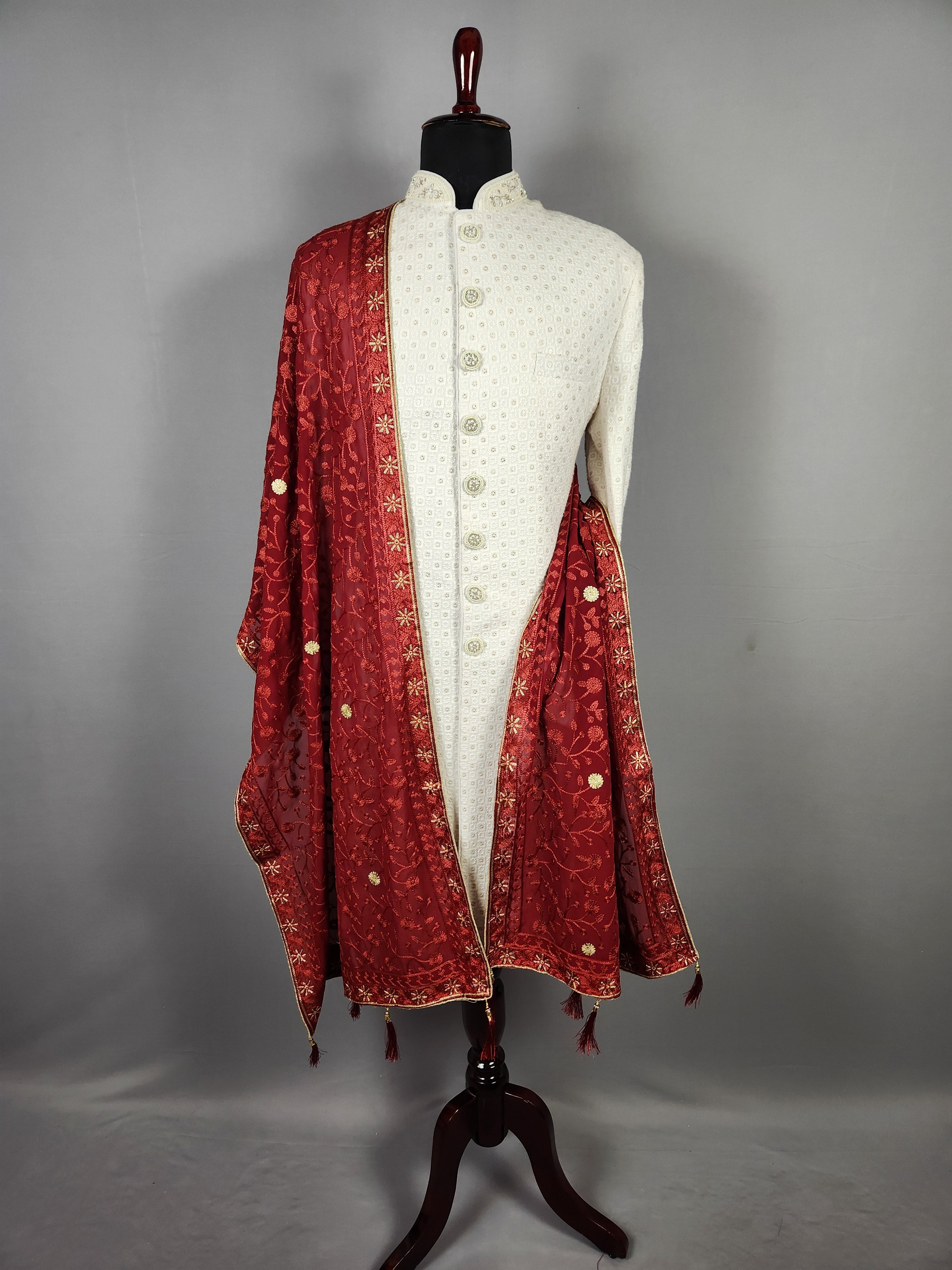 Red Groom Shawl - Golden Embroidery | Stole For Men