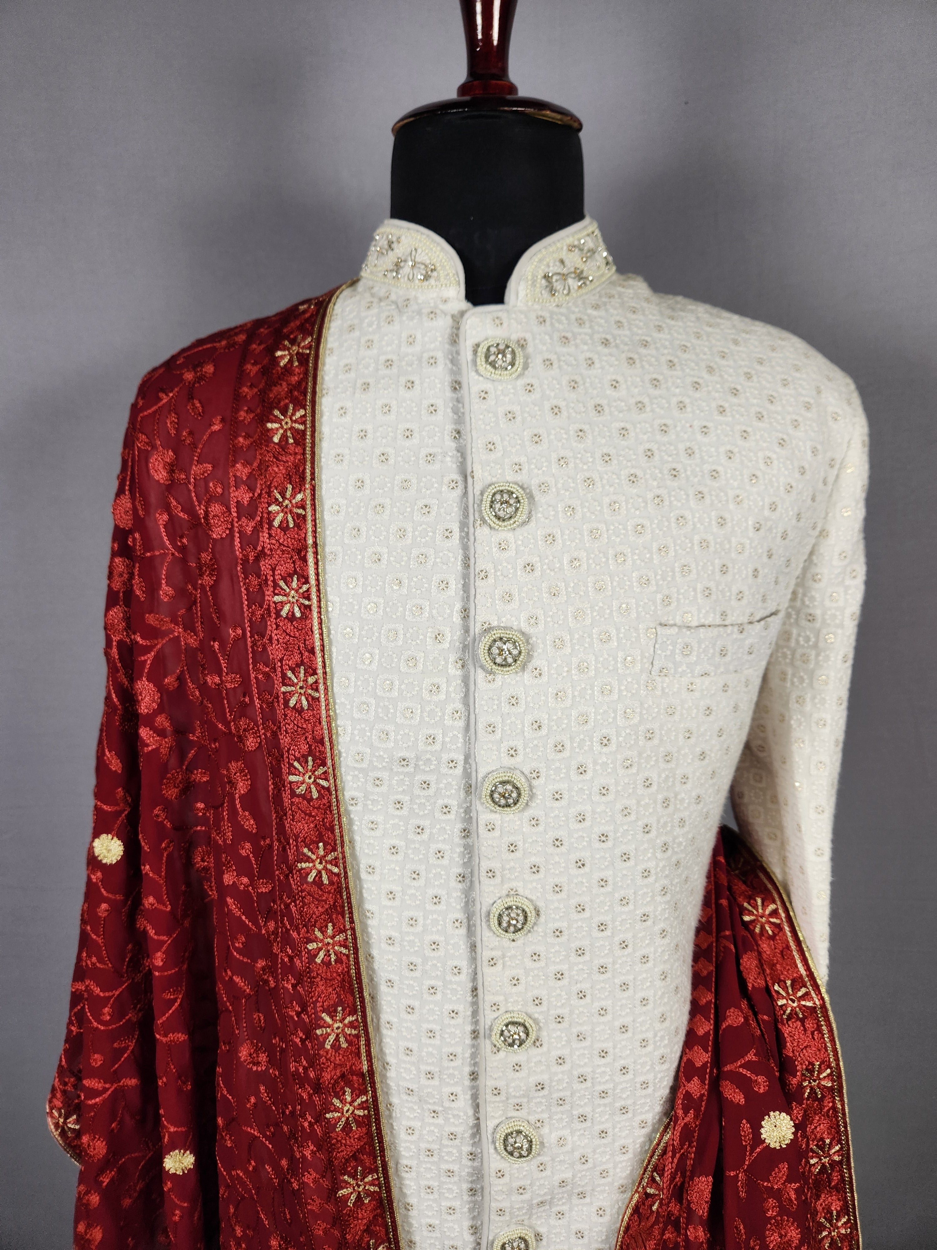 Red Groom Shawl - Golden Embroidery | Stole For Men