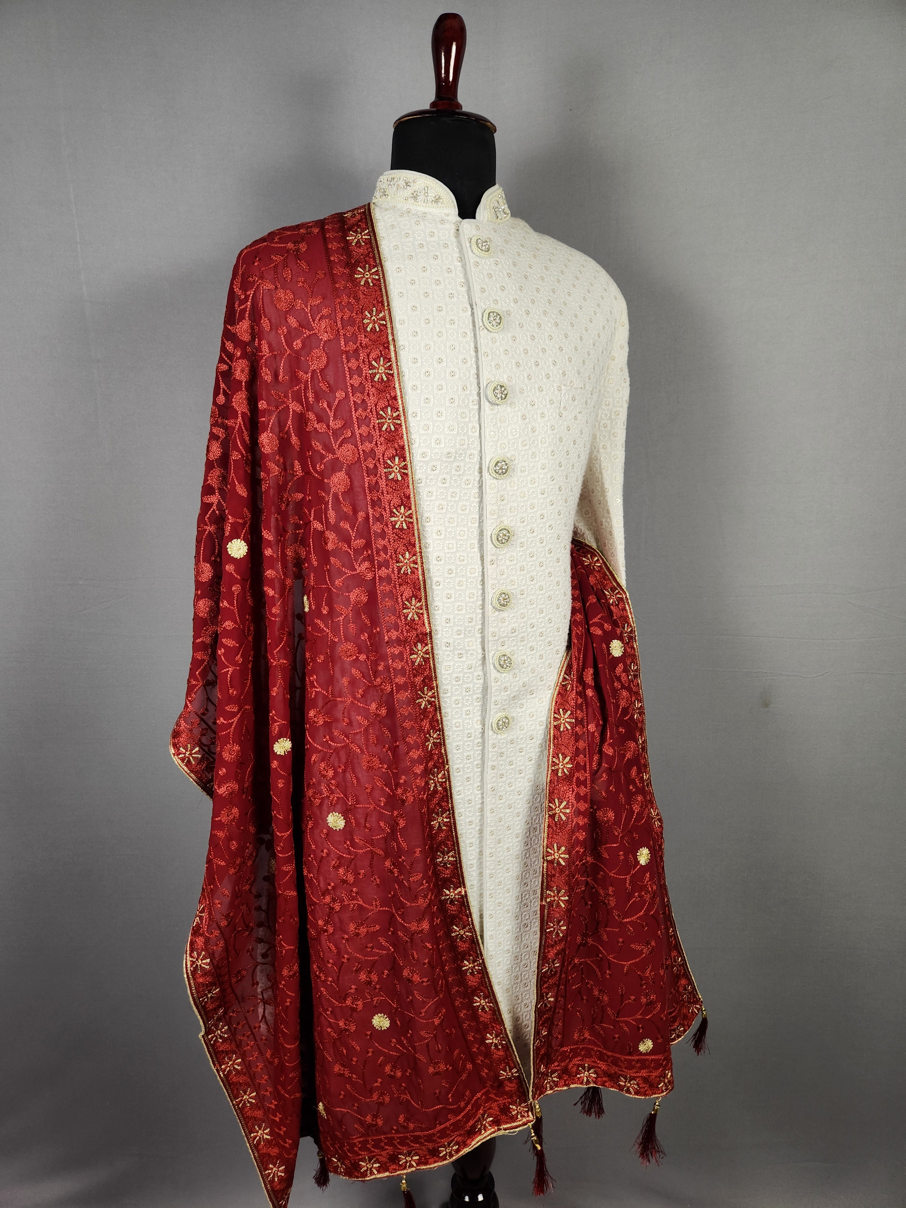 Red Groom Shawl - Golden Embroidery | Stole For Men