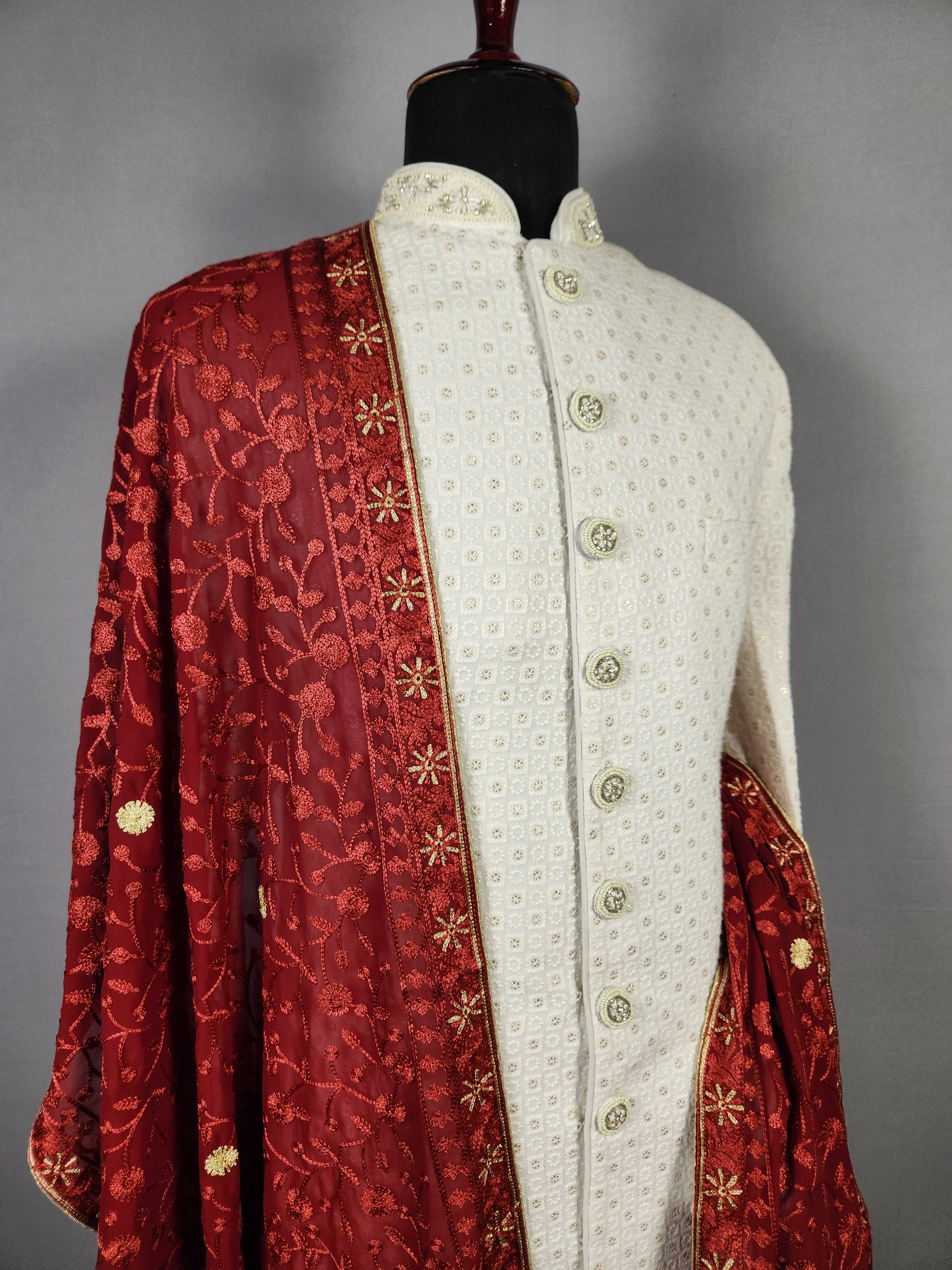 Red Groom Shawl - Golden Embroidery | Stole For Men