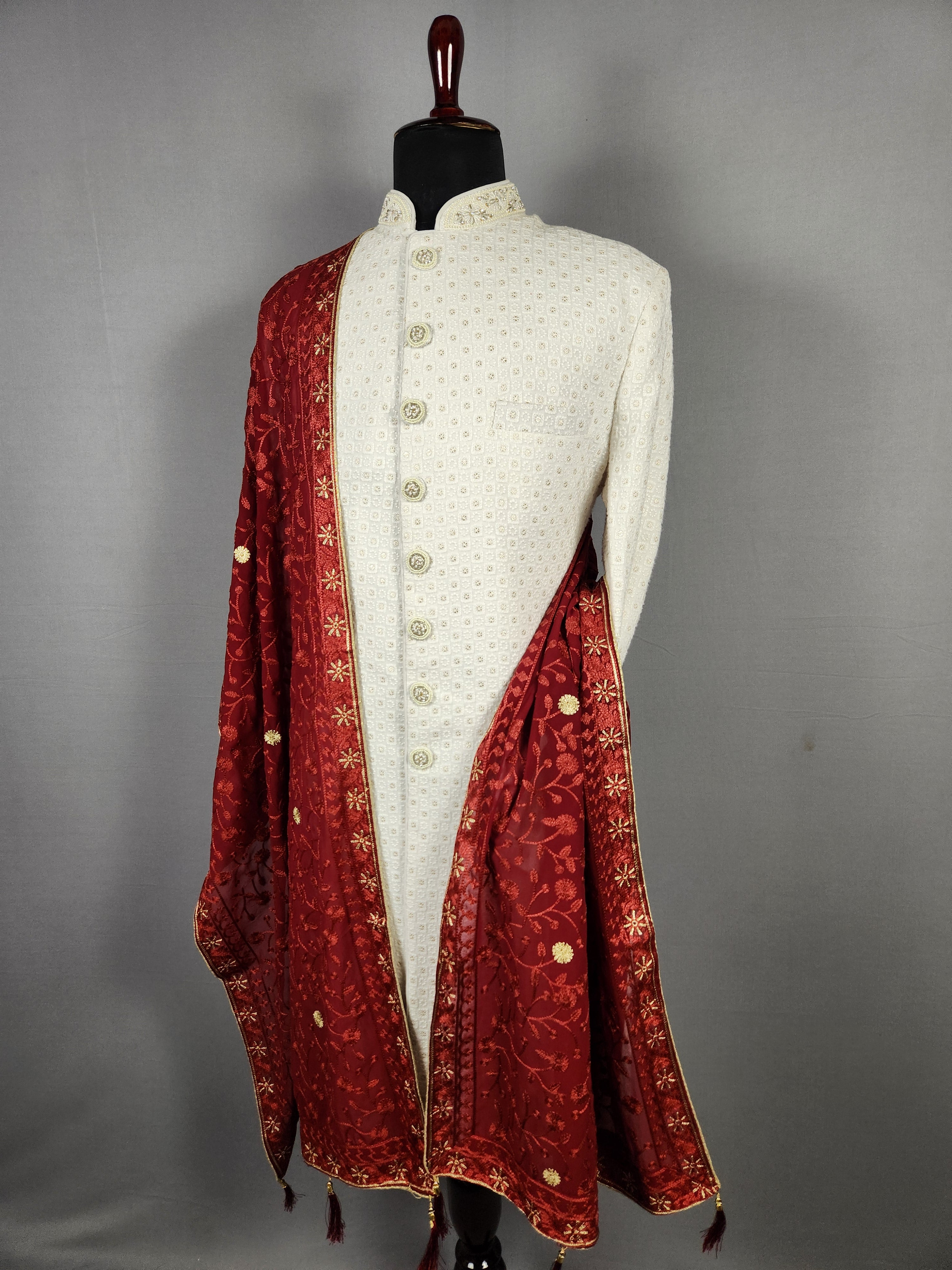 Red Groom Shawl - Golden Embroidery | Stole For Men