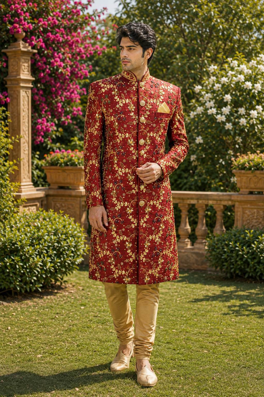 Iconic Red Wedding Groom Sherwani - Gota Patti Work | Sherwani For Men