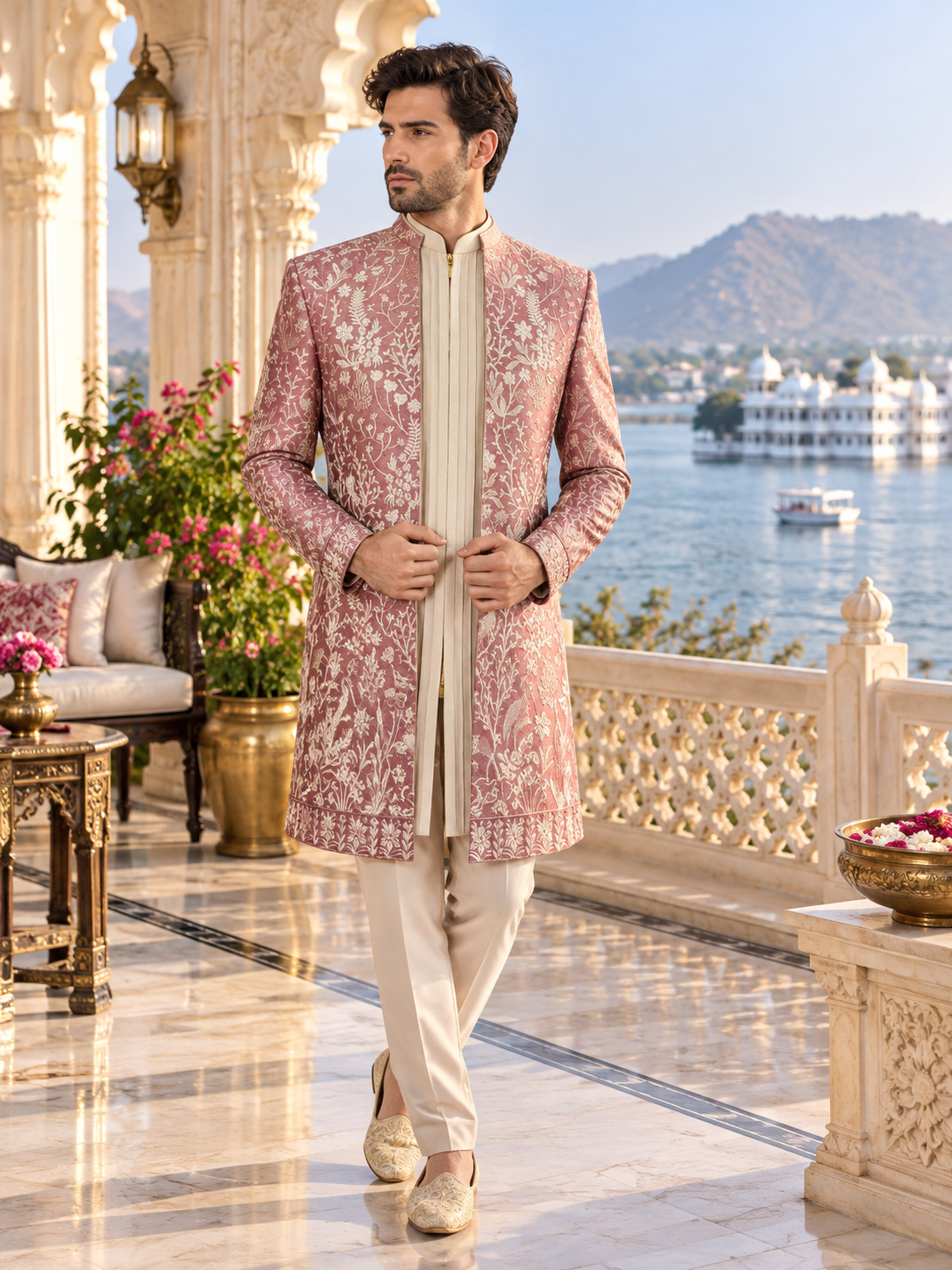 Dusty Rose Pink Indo-Western Sherwani for Men | Indian Groom Wedding Outfit