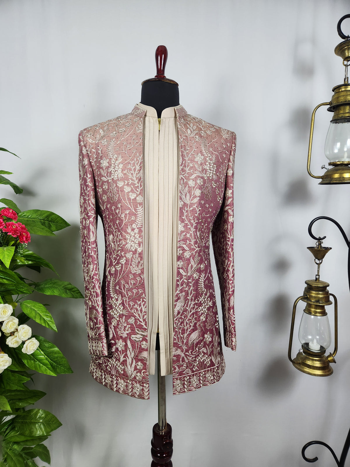 Dusty Rose Pink Indo-Western Sherwani for Men | Indian Groom Wedding Outfit