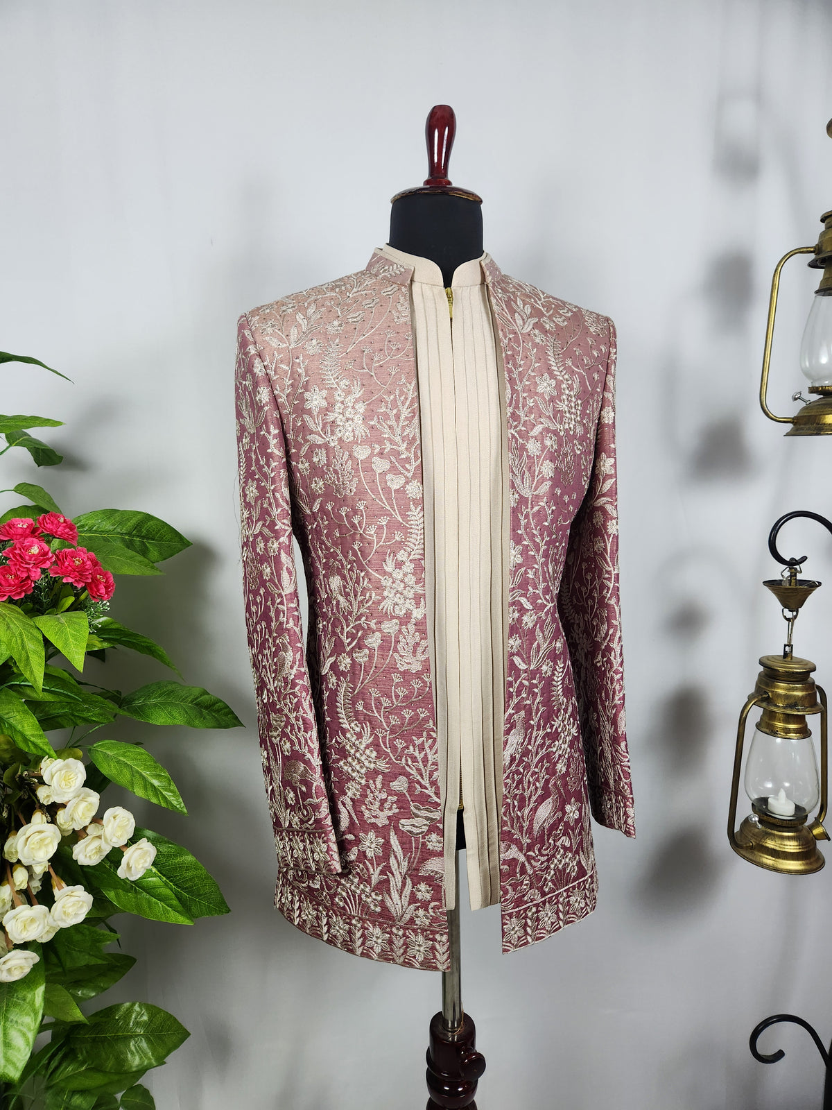 Dusty Rose Pink Indo-Western Sherwani for Men | Indian Groom Wedding Outfit