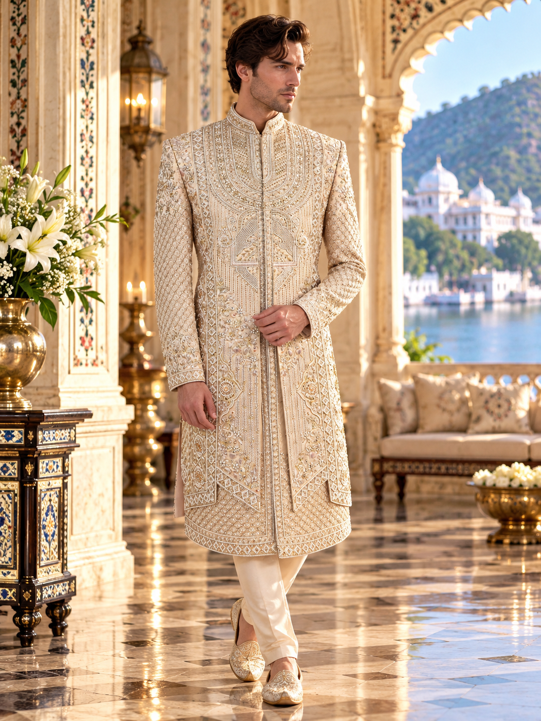 Rose Gold Wedding Groom Sherwani - 2 layer Beads Studded | Sherwani For Men