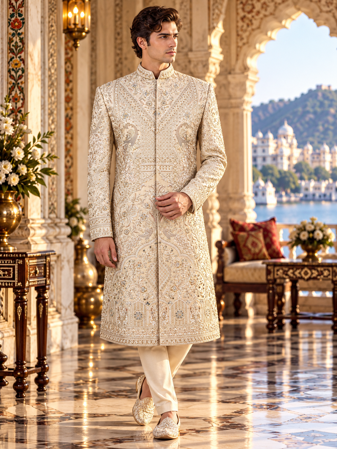 Rose Gold Wedding Groom Sherwani - Peacock Design | Sherwani For Men