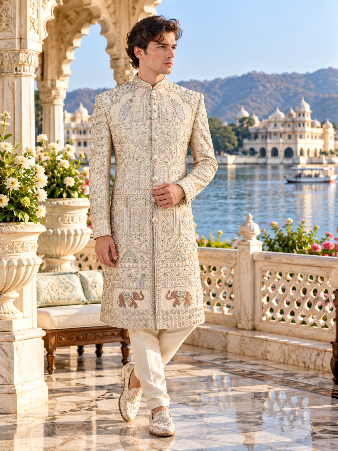 Rose Gold Wedding Groom Sherwani - Peacock Elephant Design | Sherwani For Men