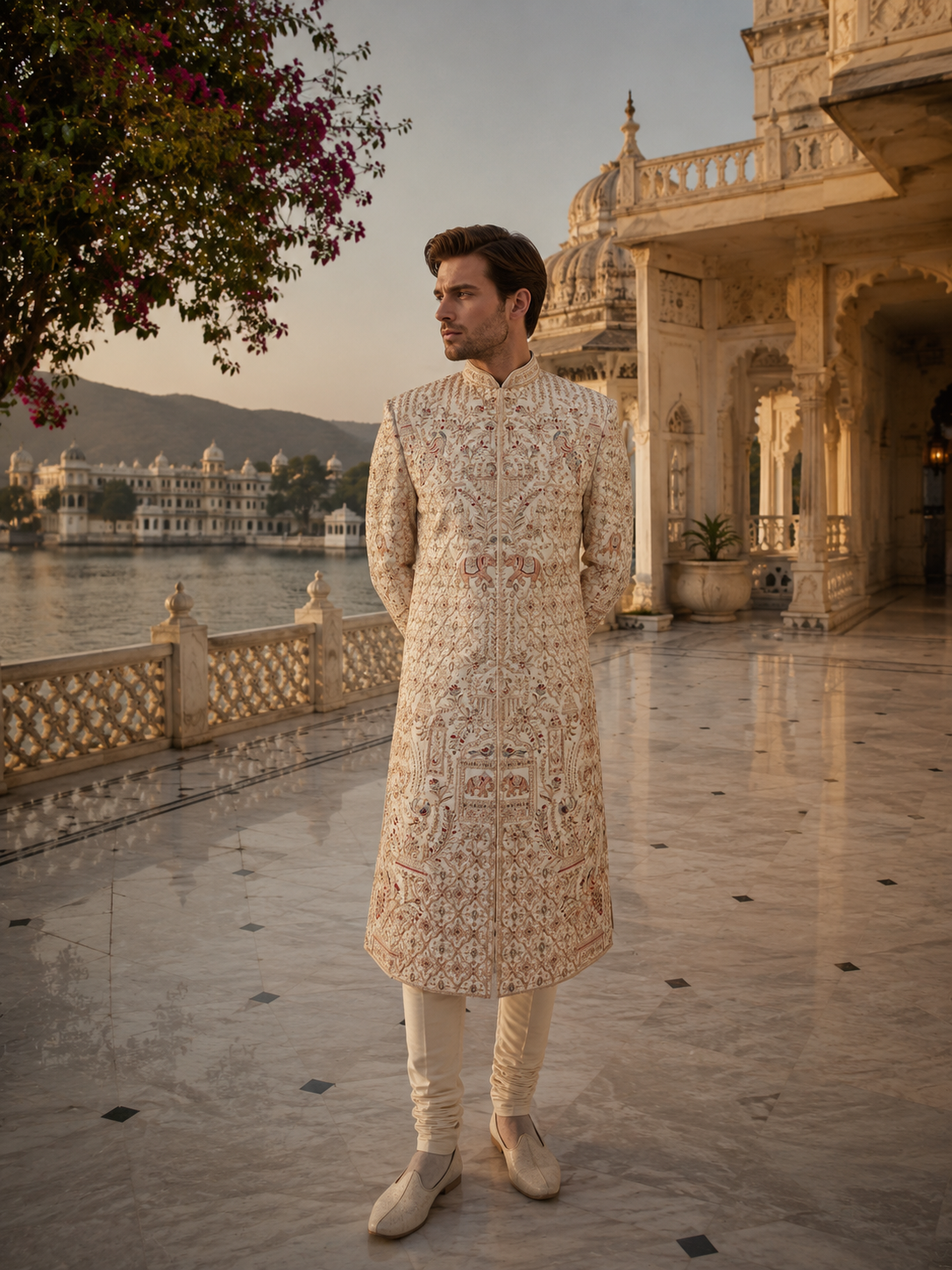 Rose Gold Wedding Groom Sherwani - Peacock Design | Sherwani For Men