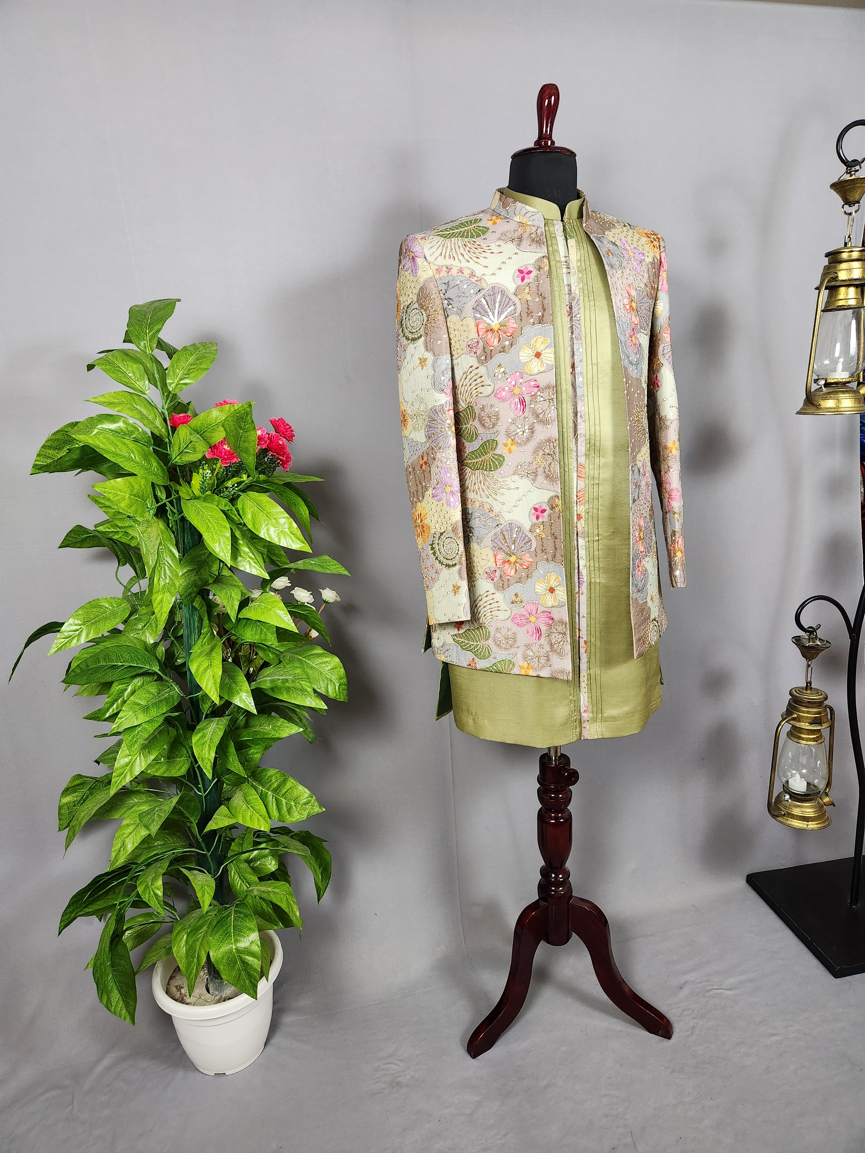 Sage Green Indo-Western Sherwani for Men | Indian Groom Wedding Outfit