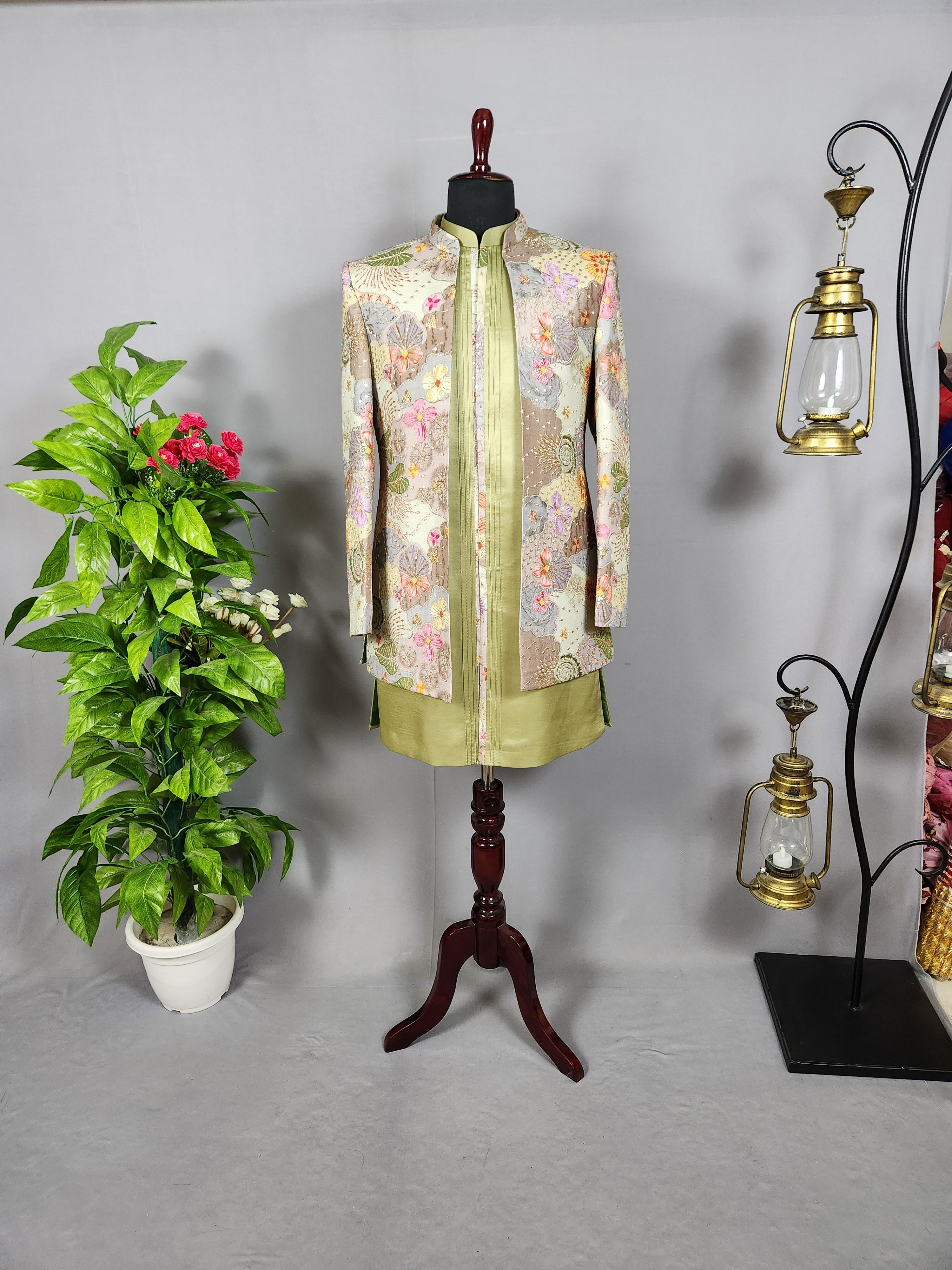 Sage Green Indo-Western Sherwani for Men | Indian Groom Wedding Outfit