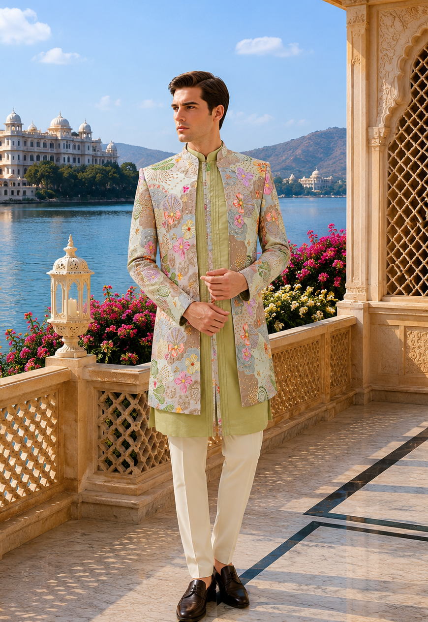 A man wearing a traditional Indian outfit with a light green kurta, cream trousers, and a beige floral sherwani jacket, standing on a stone terrace with a lake and palace in the background..