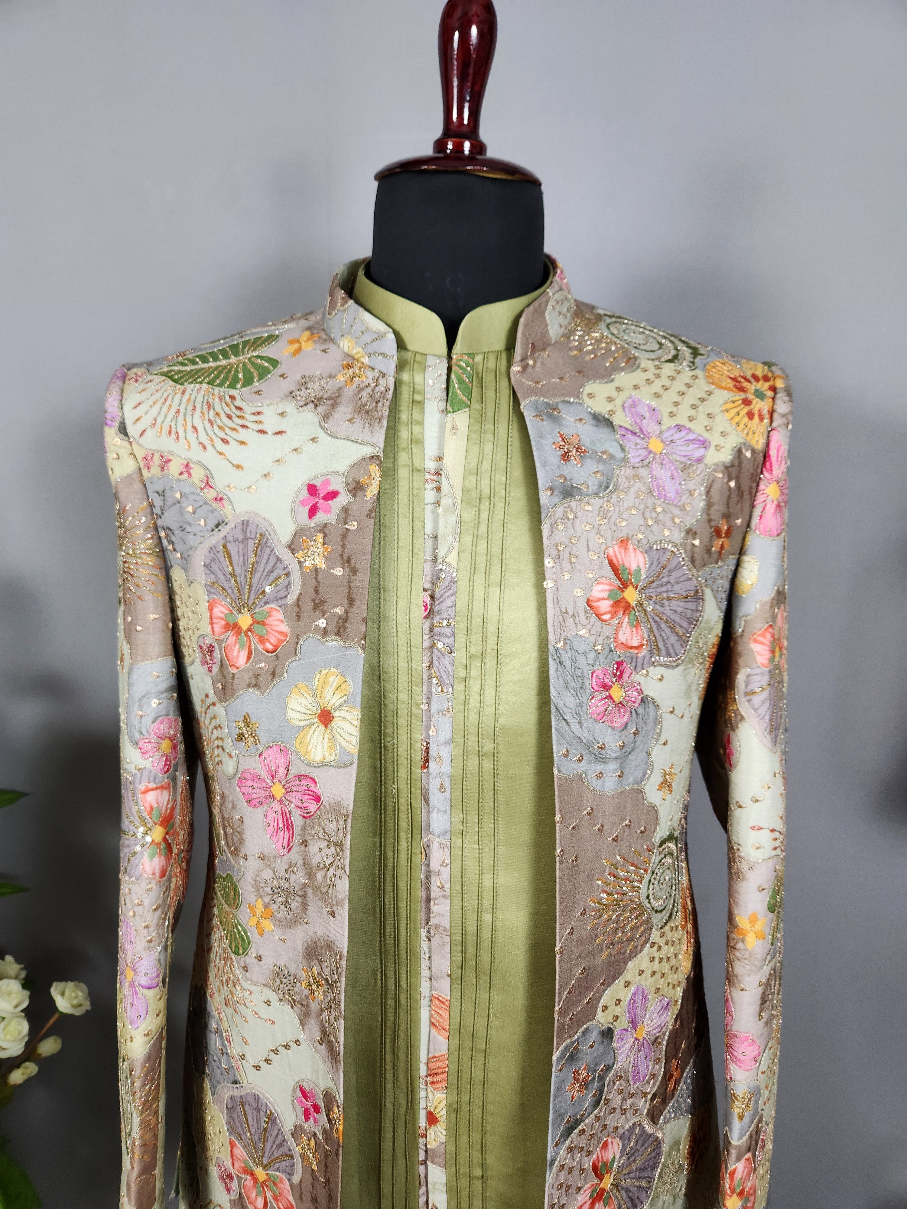 Sage Green Indo-Western Sherwani for Men | Indian Groom Wedding Outfit