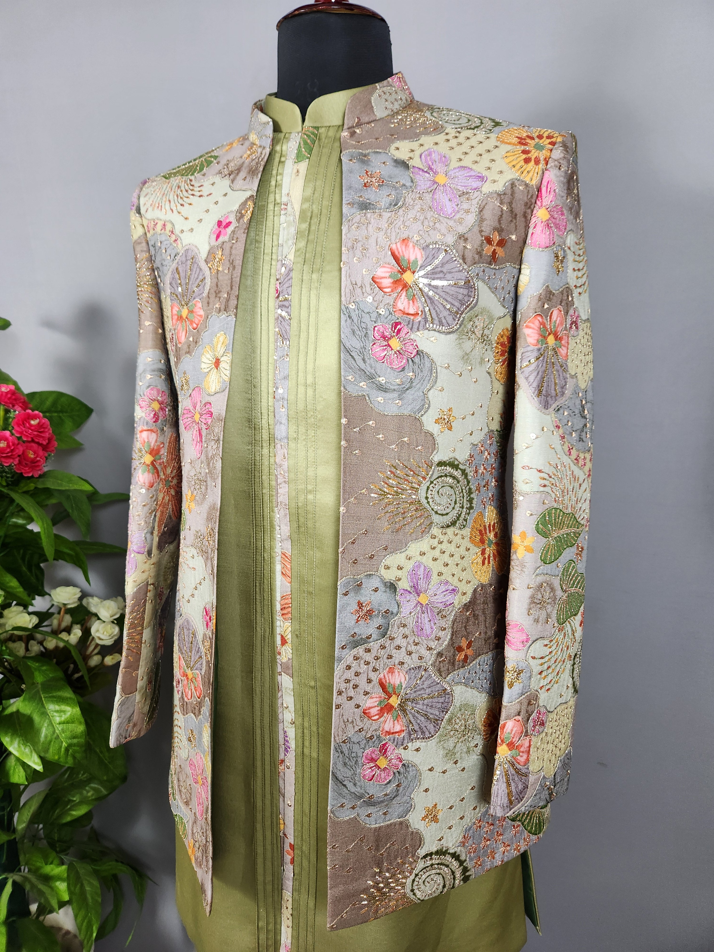 Sage Green Indo-Western Sherwani for Men | Indian Groom Wedding Outfit