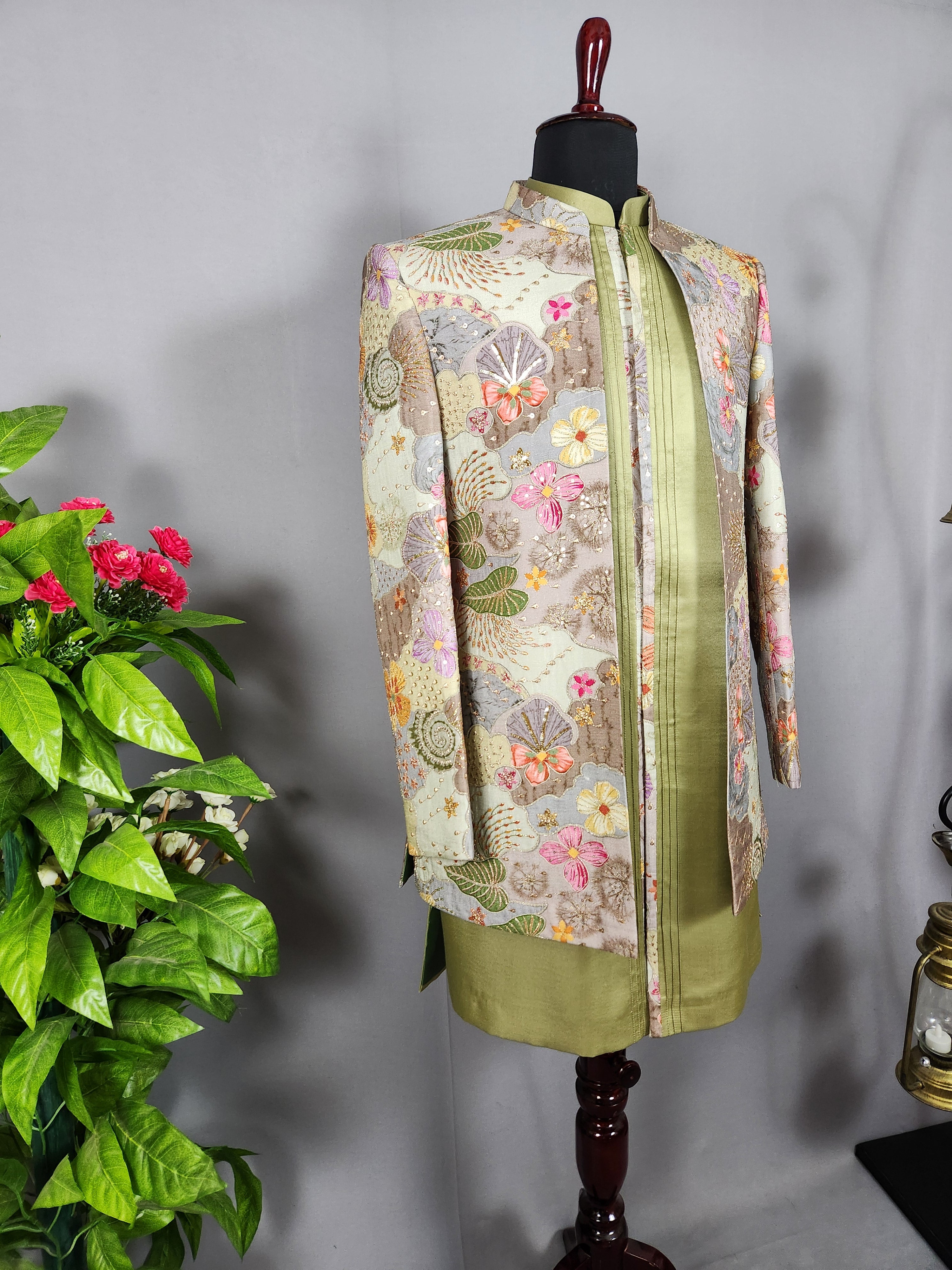 Sage Green Indo-Western Sherwani for Men | Indian Groom Wedding Outfit