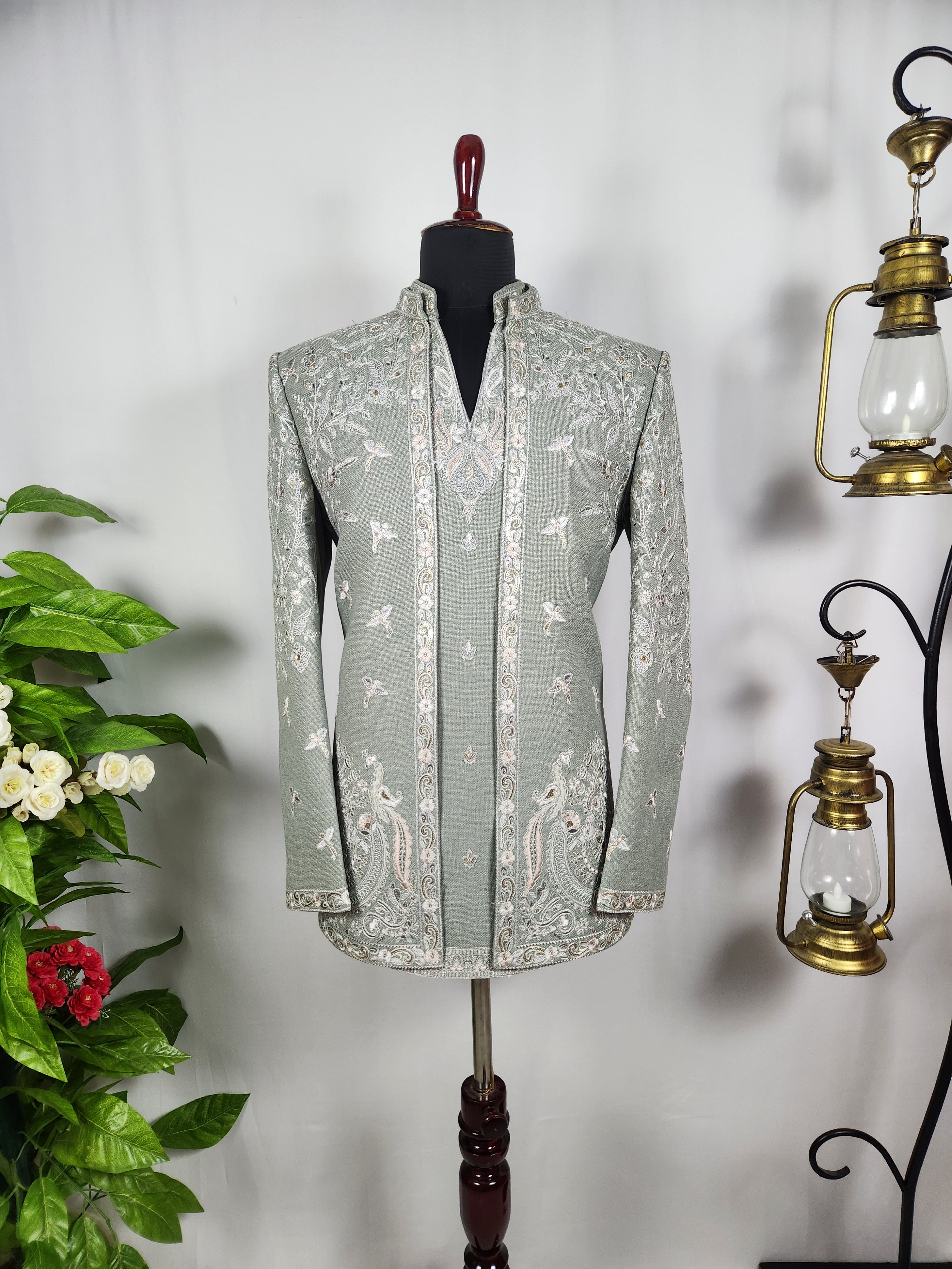Sage Green Indo-Western Sherwani for Men | Indian Groom Wedding Outfit