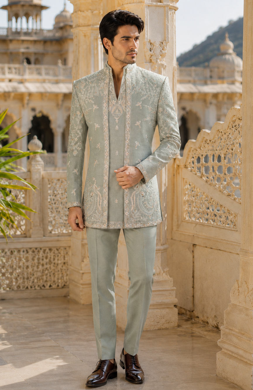 A man wearing a light sage green embroidered sherwani jacket and matching trousers, standing on a sunlit stone terrace with ornate pillars and a palace in the background